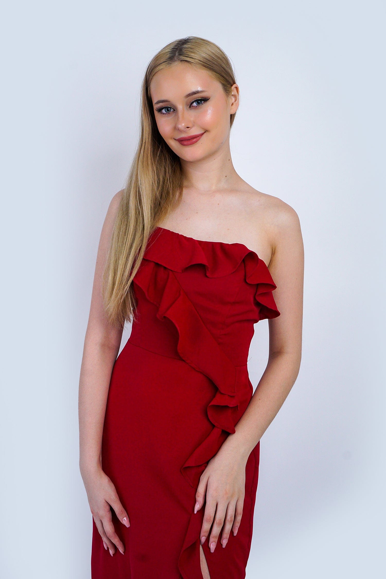 DCD GOWNS Deep Red One Shoulder Delicate Ruffle Gown