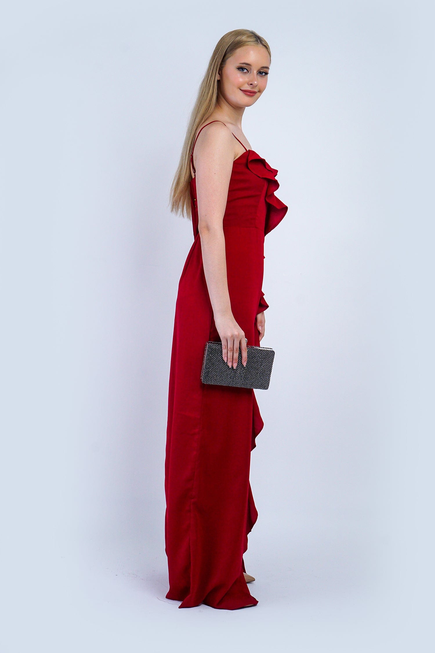 DCD GOWNS Deep Red One Shoulder Delicate Ruffle Gown