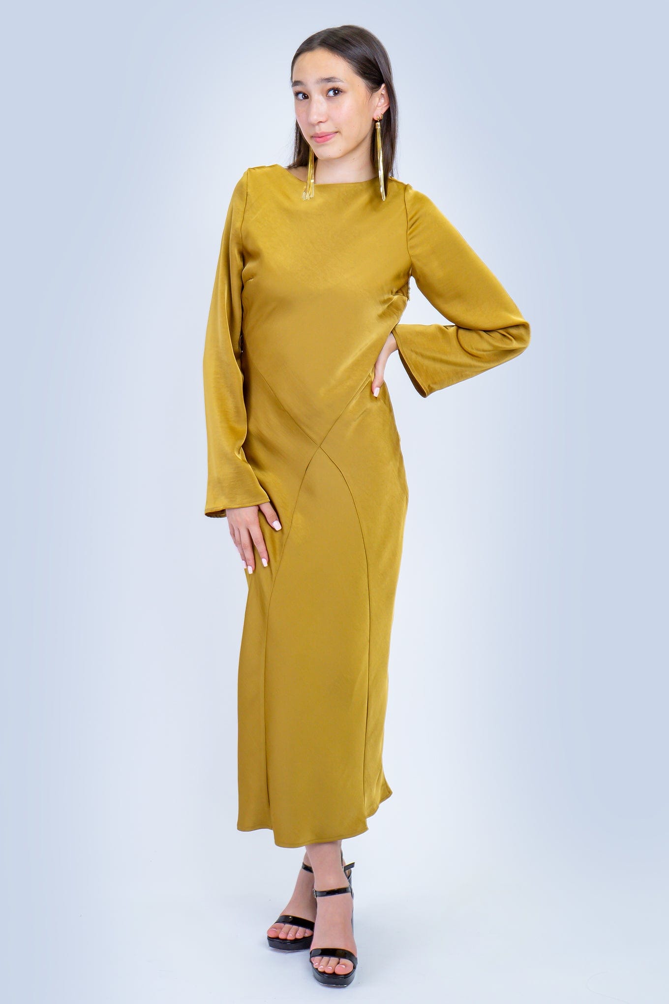 DCD GOWNS Elegant Golden Bias Cut Satin Dress