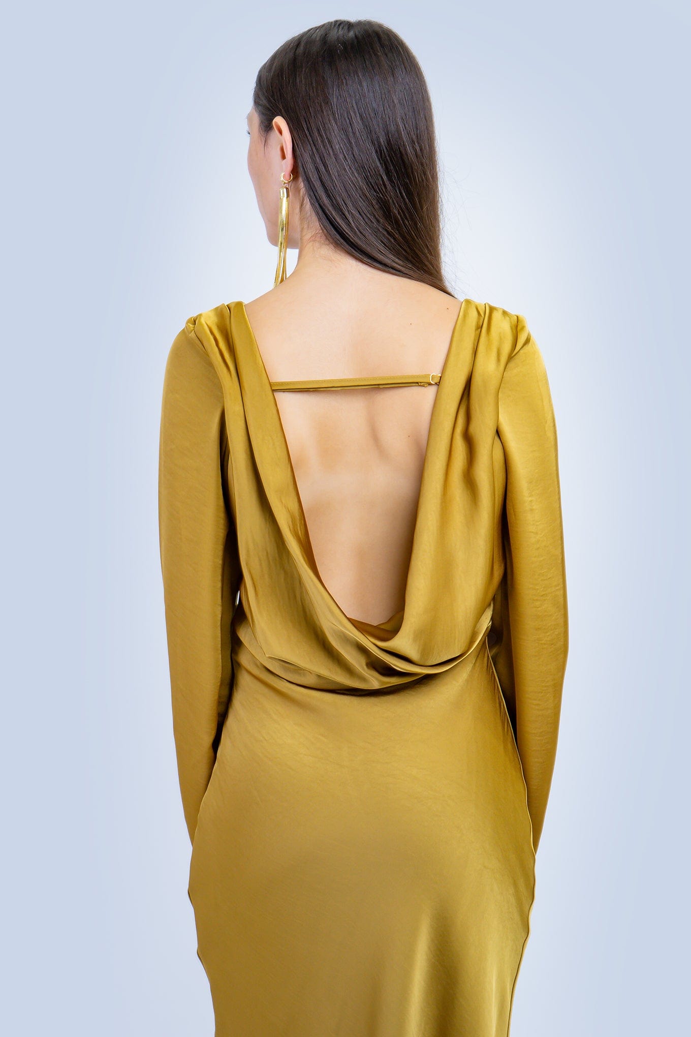 DCD GOWNS Elegant Golden Bias Cut Satin Dress