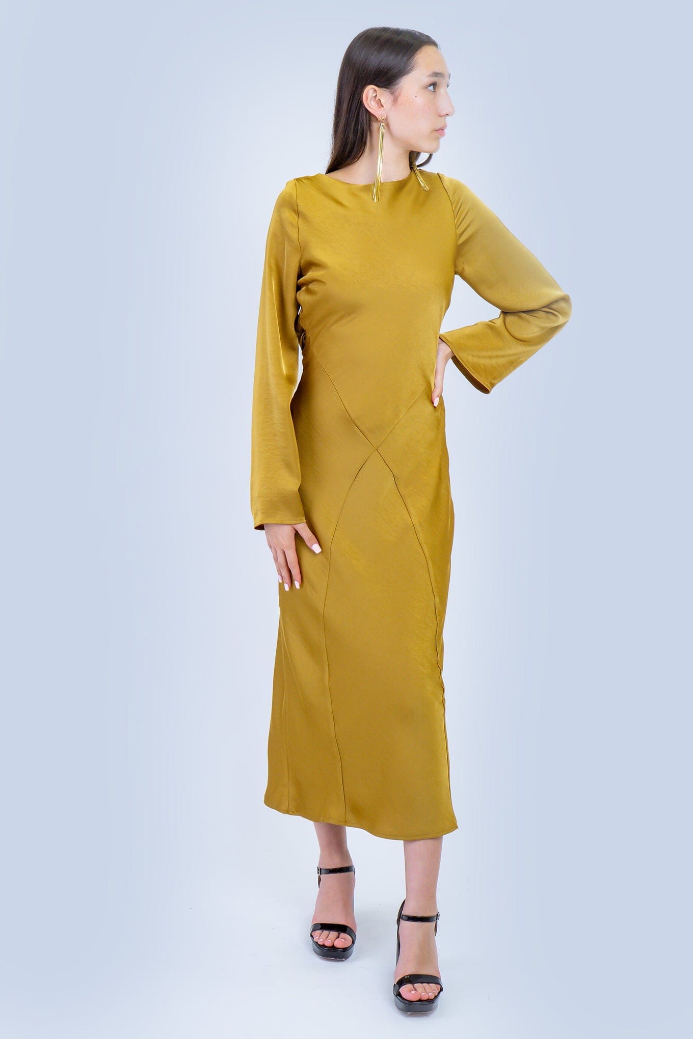 DCD GOWNS Elegant Golden Bias Cut Satin Dress