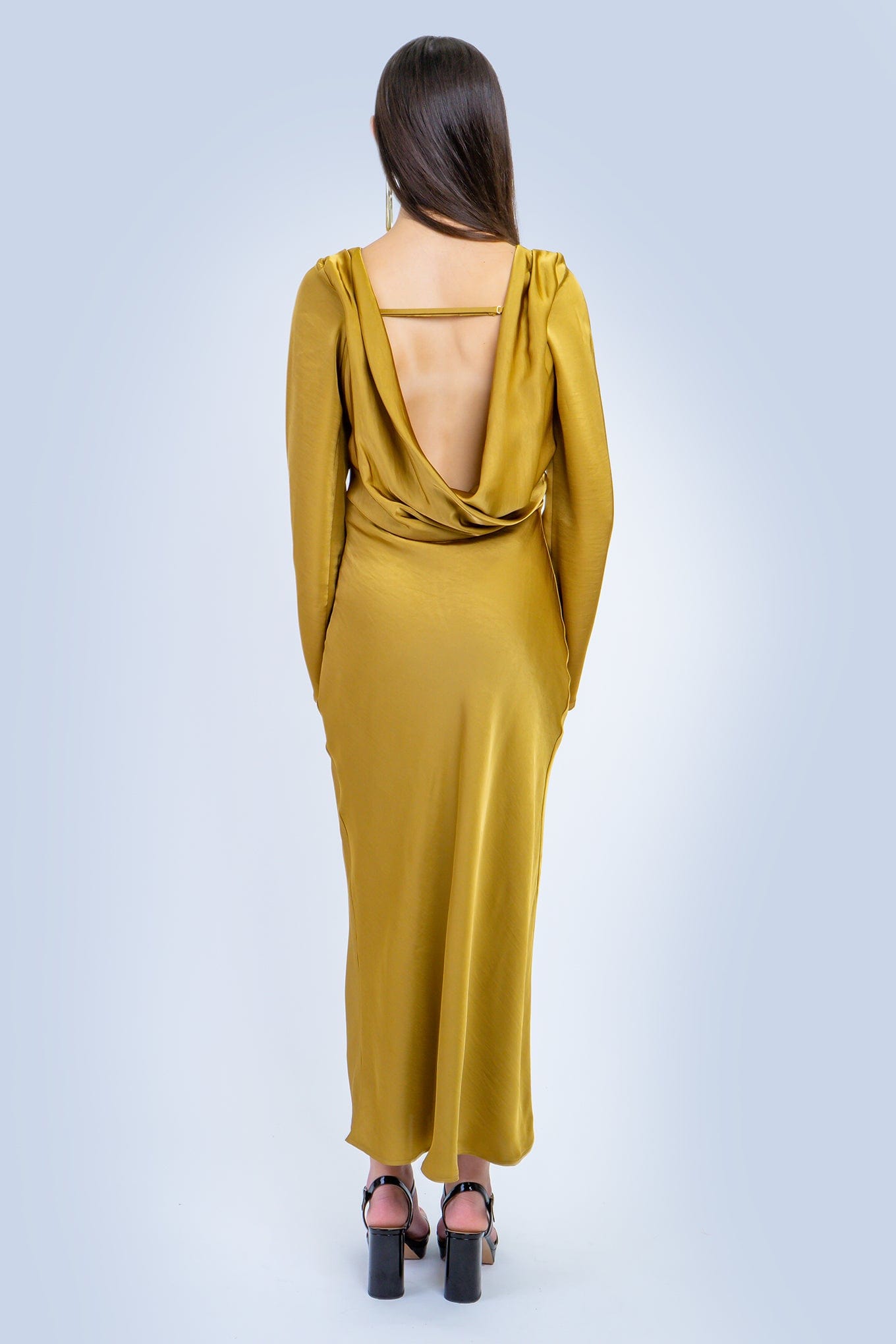 DCD GOWNS Elegant Golden Bias Cut Satin Dress