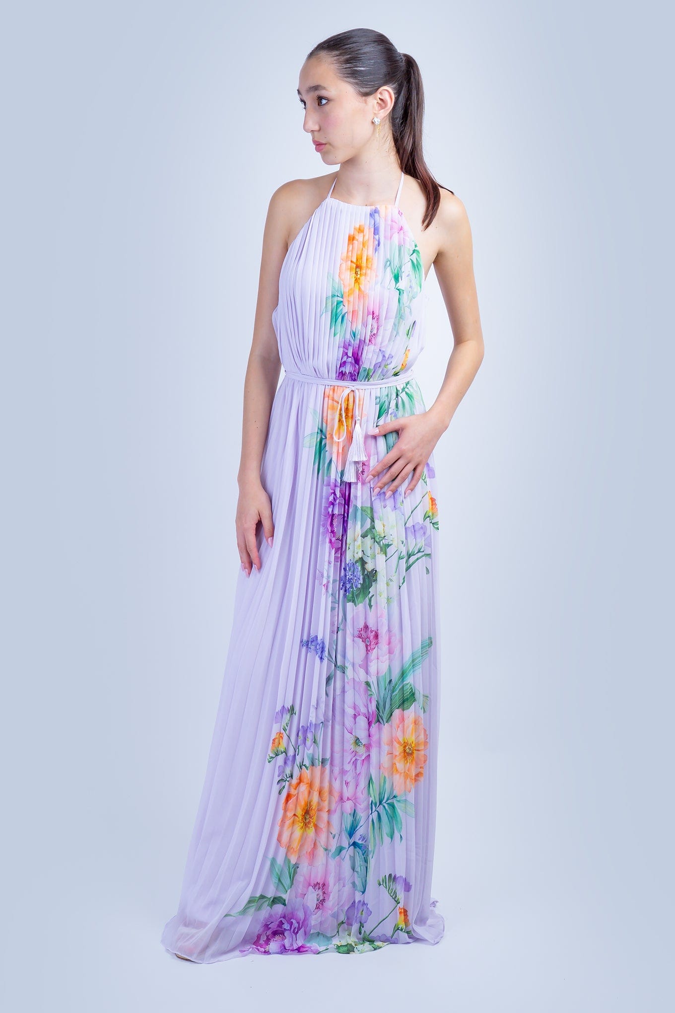 DCD GOWNS Lavender Orange Floral Pleated Halter Gown