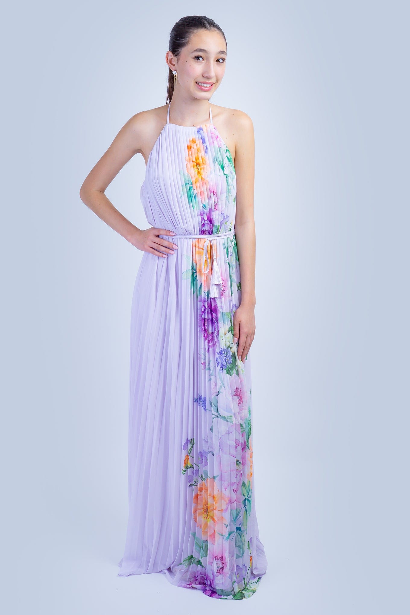 DCD GOWNS Lavender Orange Floral Pleated Halter Gown