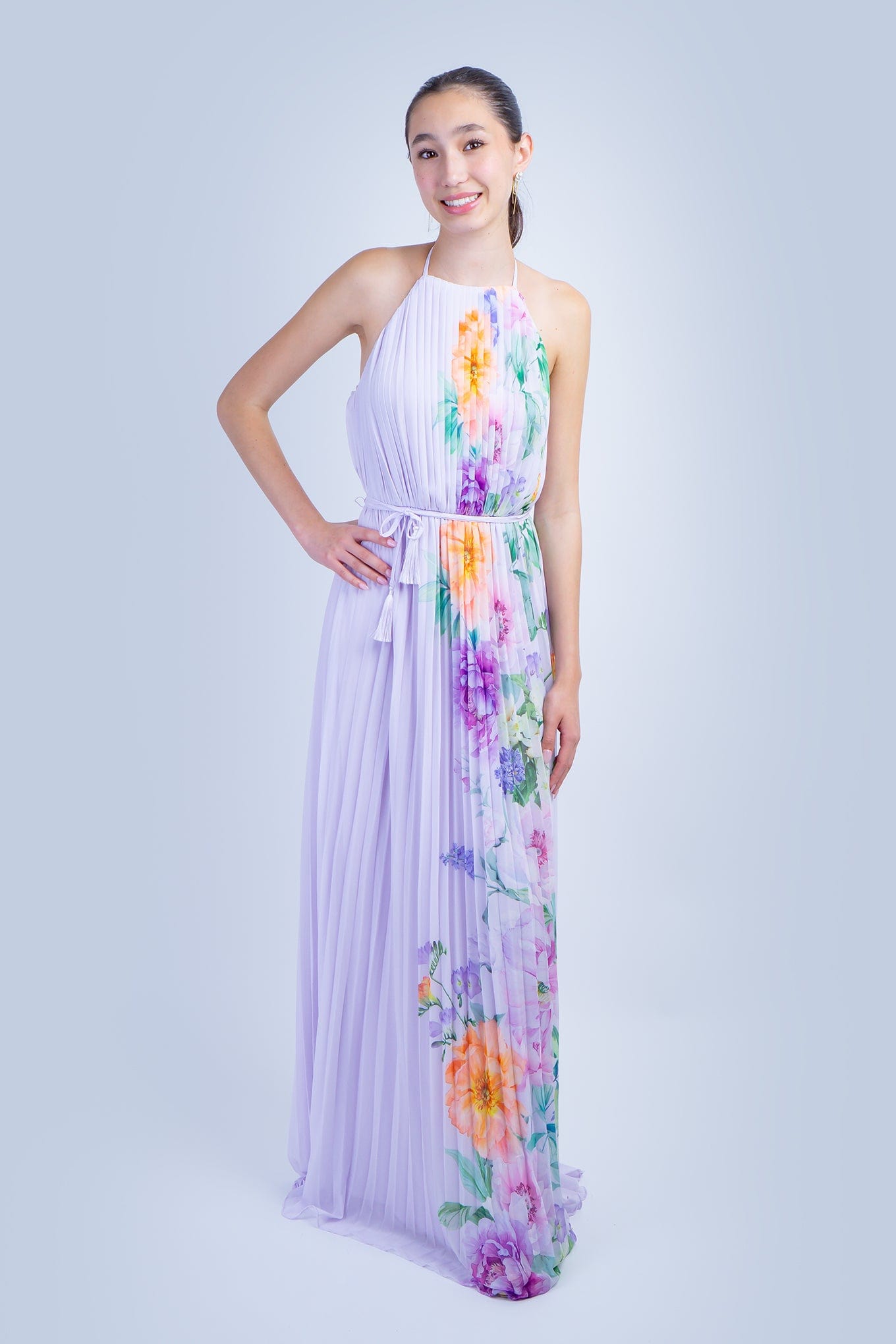 DCD GOWNS Lavender Orange Floral Pleated Halter Gown