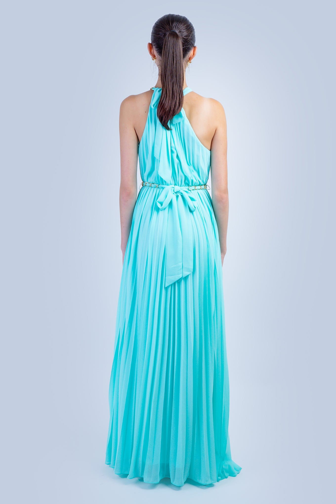 DCD GOWNS Mint Braided Chain Pleated Halter Gown