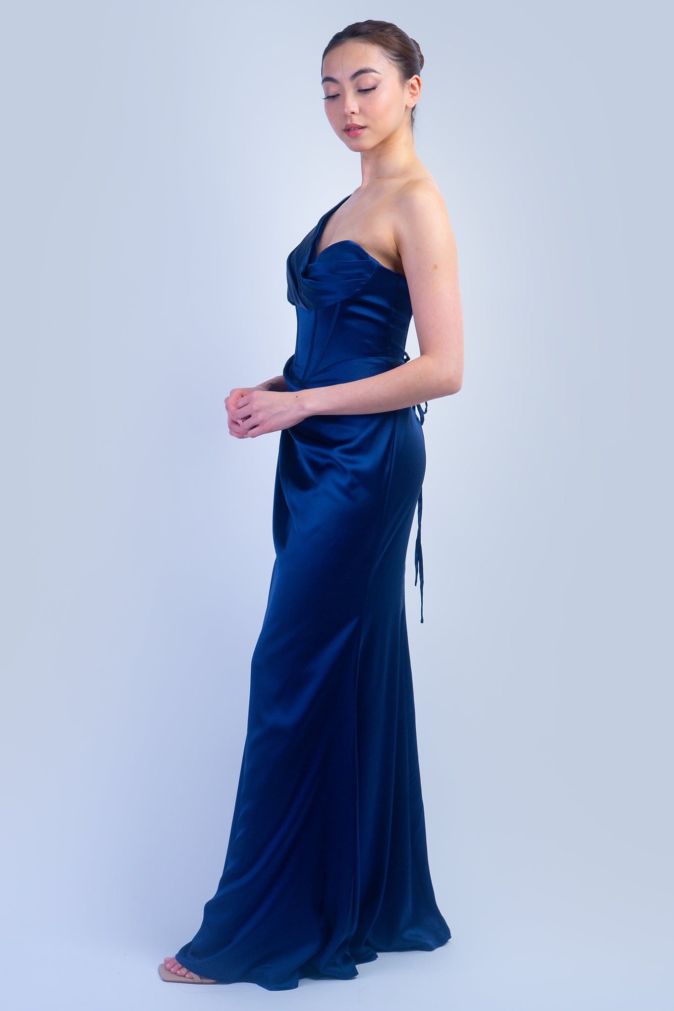 DCD GOWNS Navy One Shoulder Corset Gown