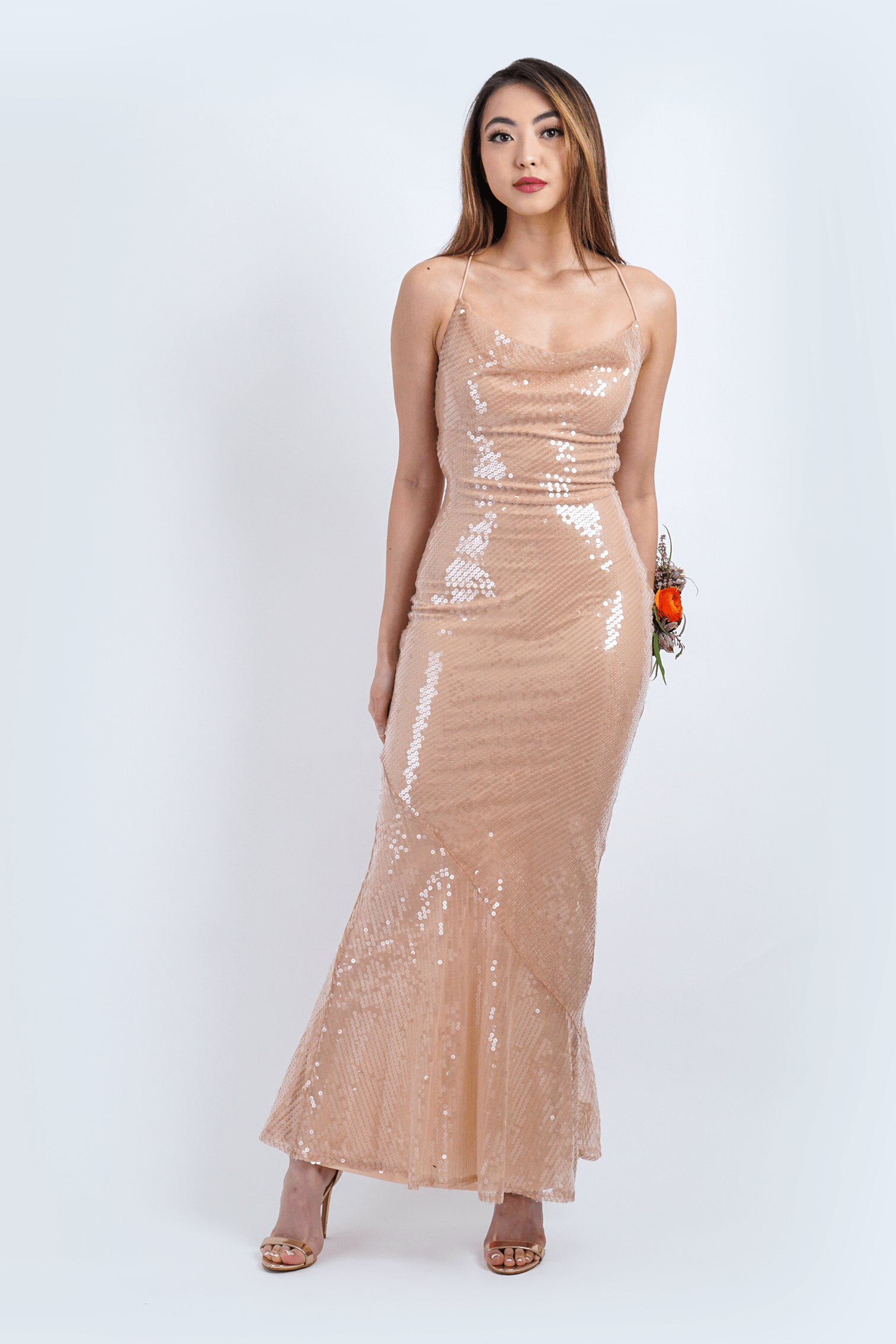 Chloe Dao Boutique Gowns Nude Sequin Cowl Slip Gown