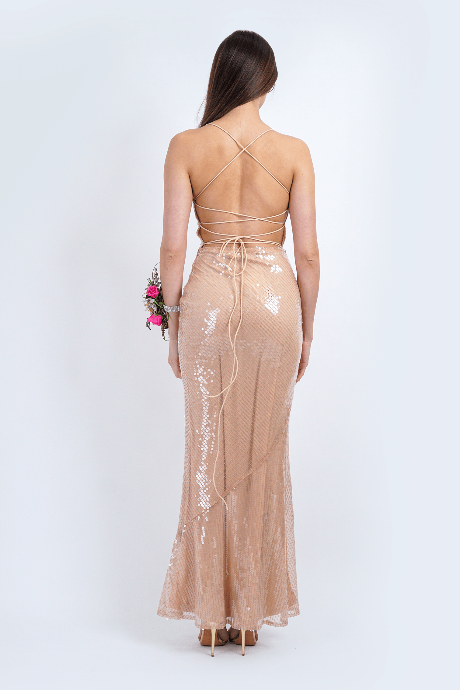 Chloe Dao Boutique Gowns Nude Sequin Cowl Slip Gown