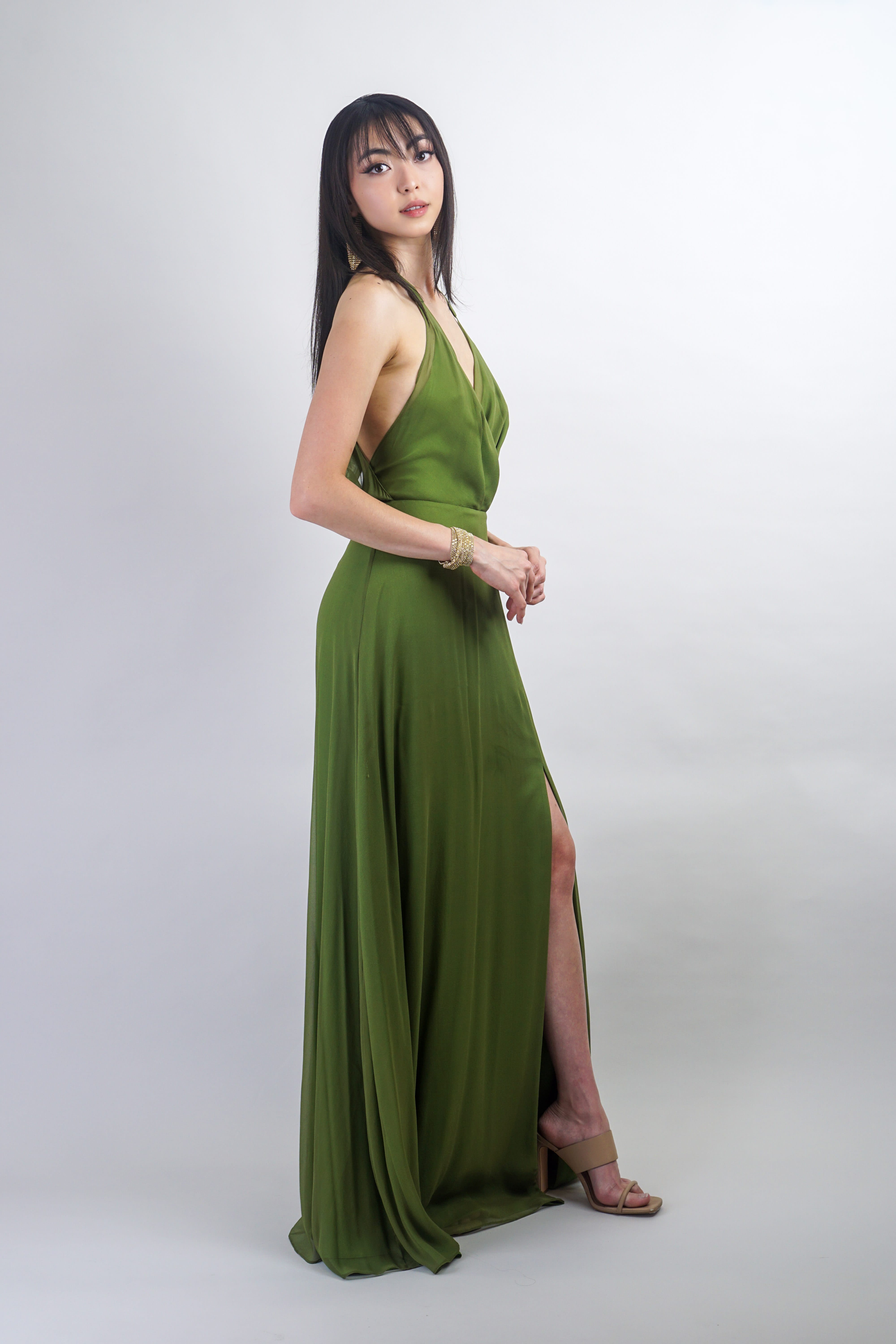 Chloe Dao GOWNS Olive Green Silk Chiffon Harlow Gown