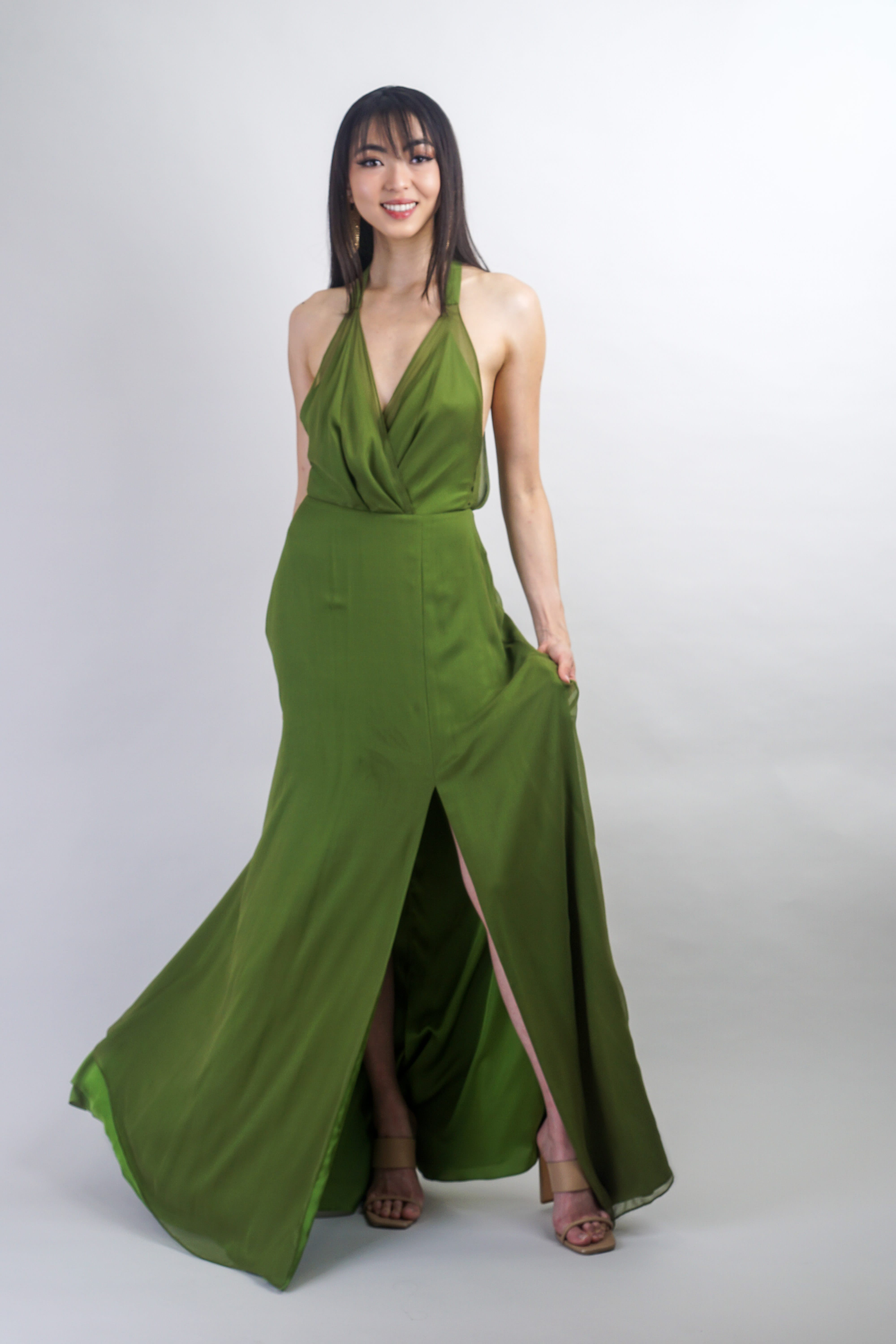 Chloe Dao GOWNS Olive Green Silk Chiffon Harlow Gown