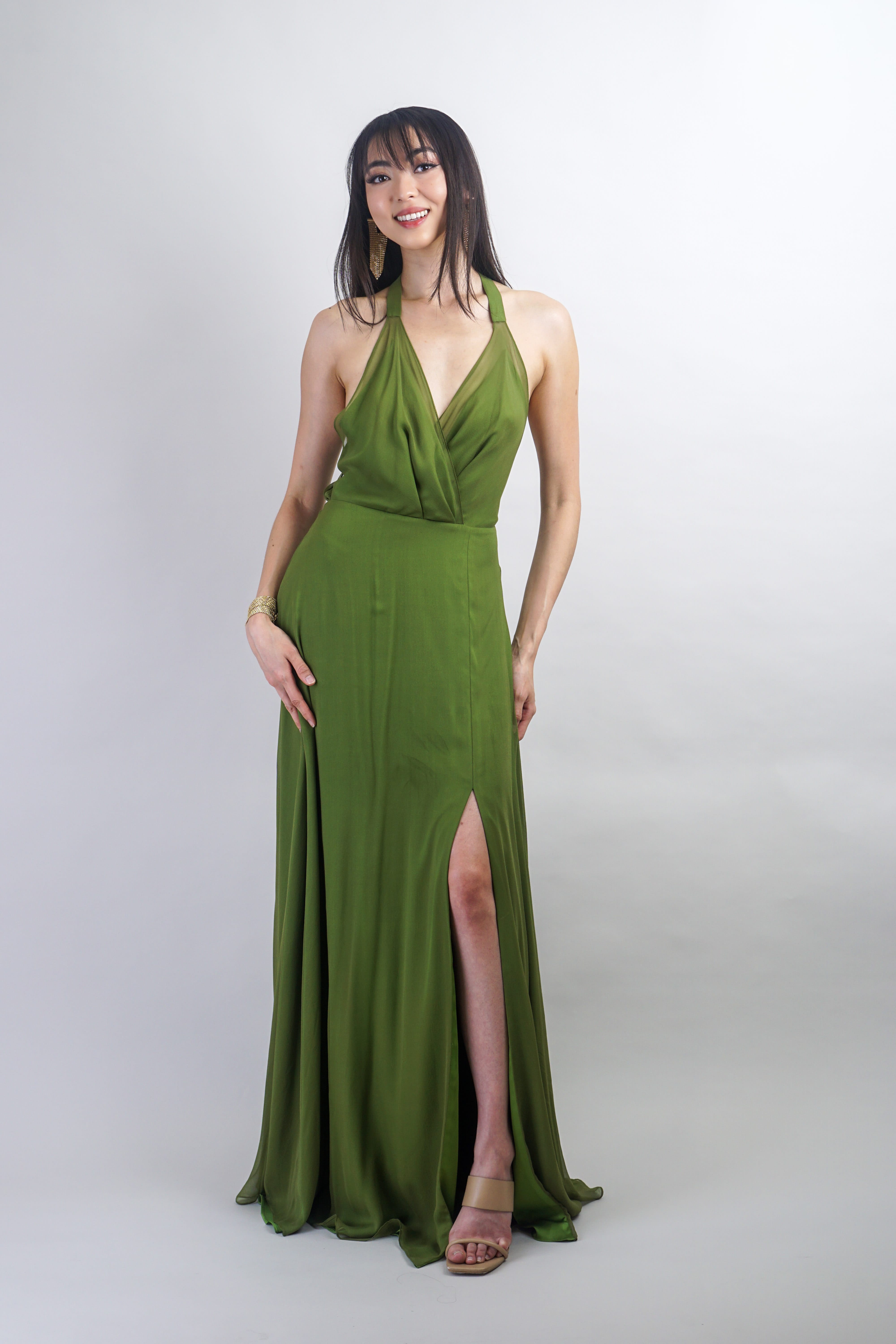 Chloe Dao GOWNS Olive Green Silk Chiffon Harlow Gown
