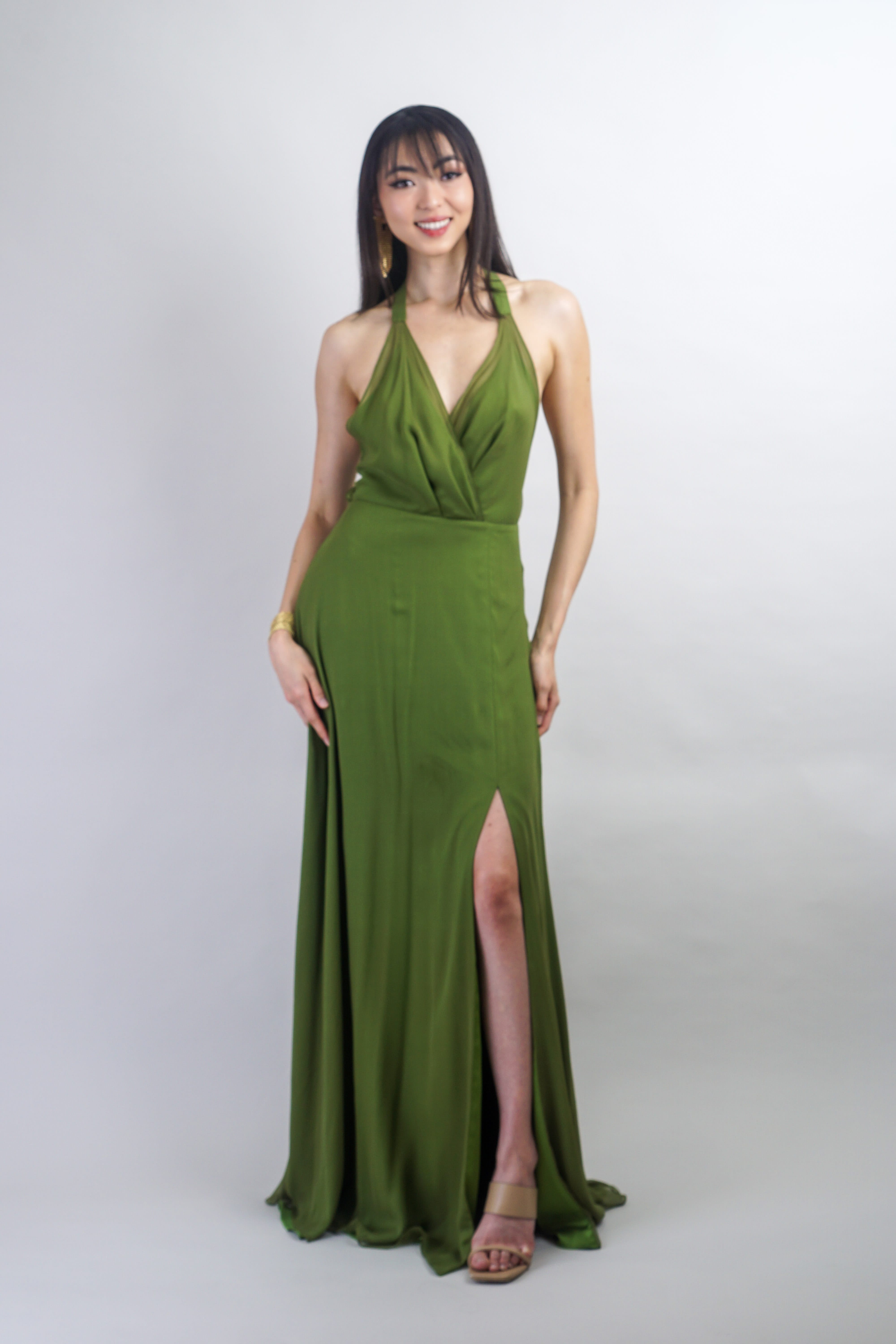 Chloe Dao GOWNS Olive Green Silk Chiffon Harlow Gown