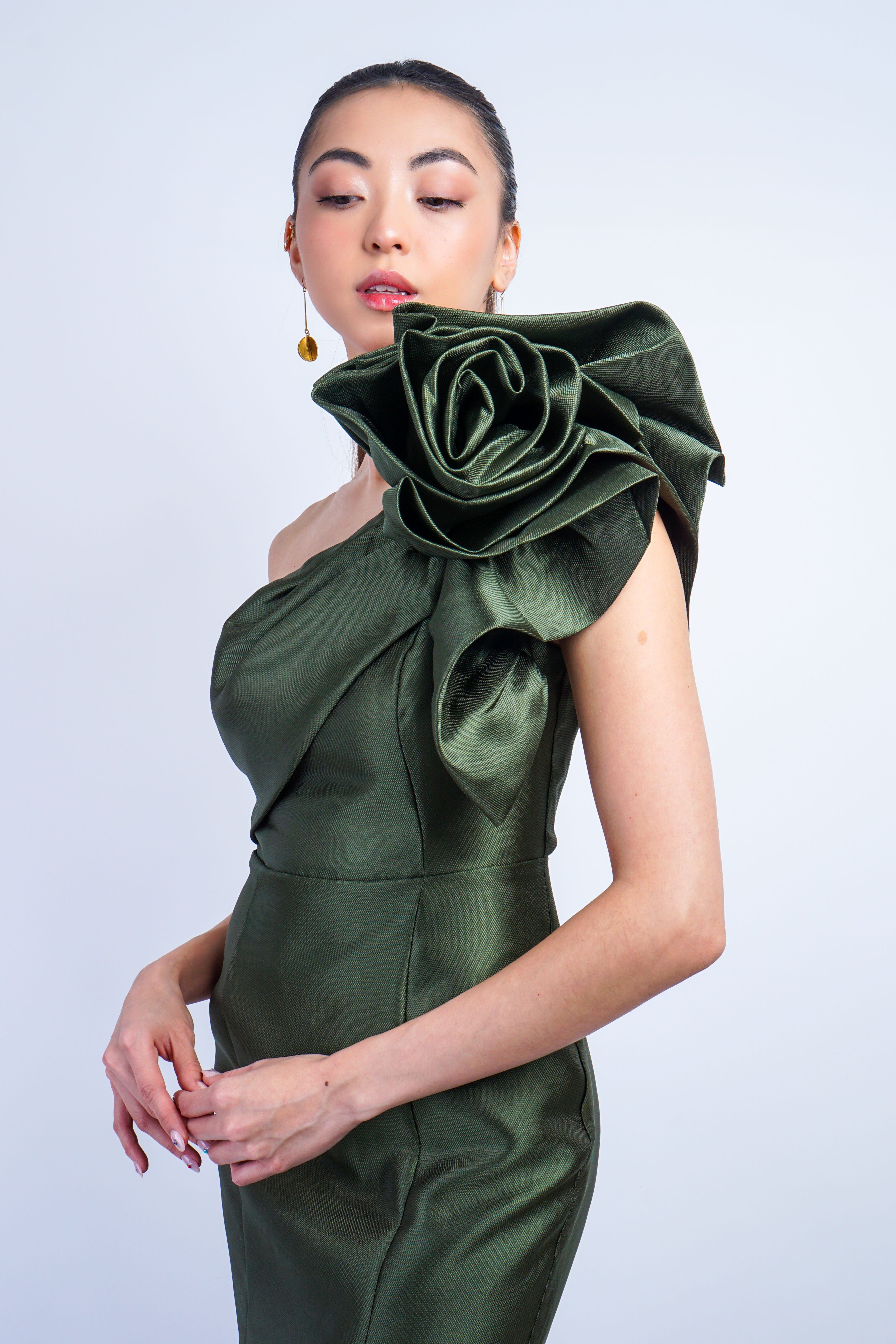 DCD GOWNS Olive One Shoulder Dramatic Ruffle Gown