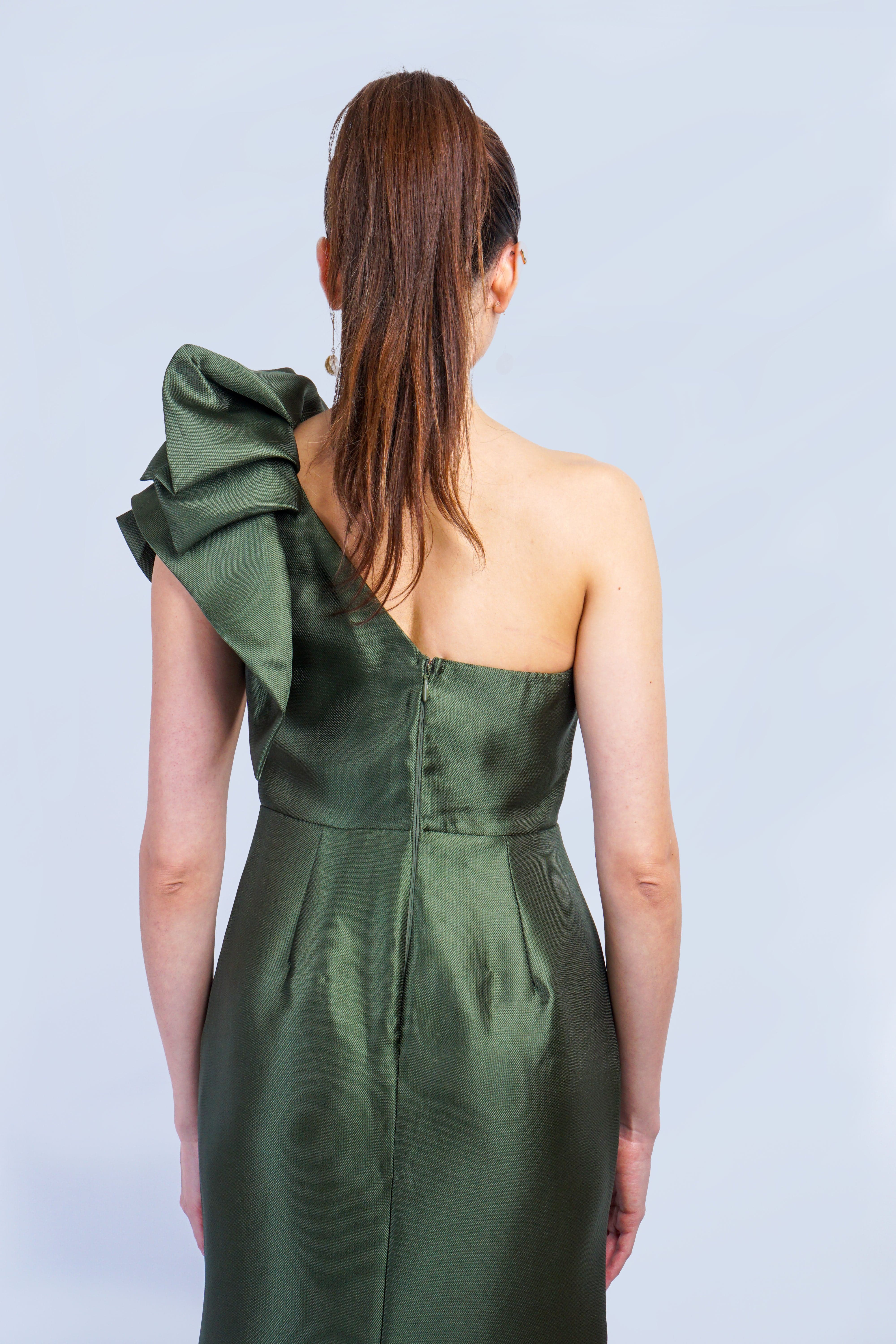DCD GOWNS Olive One Shoulder Dramatic Ruffle Gown