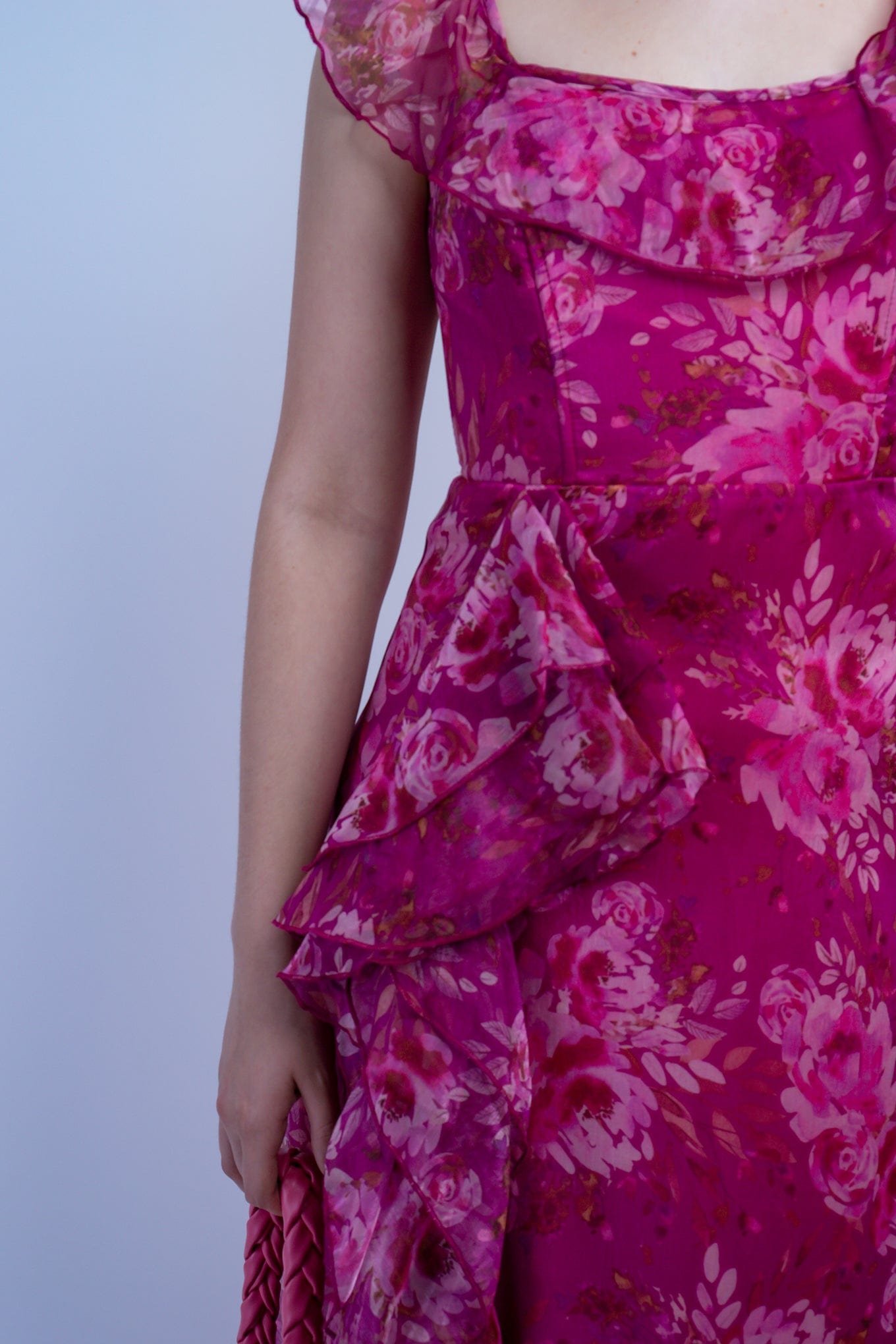 DCD GOWNS Pink Floral Ruffle U Neck Gown