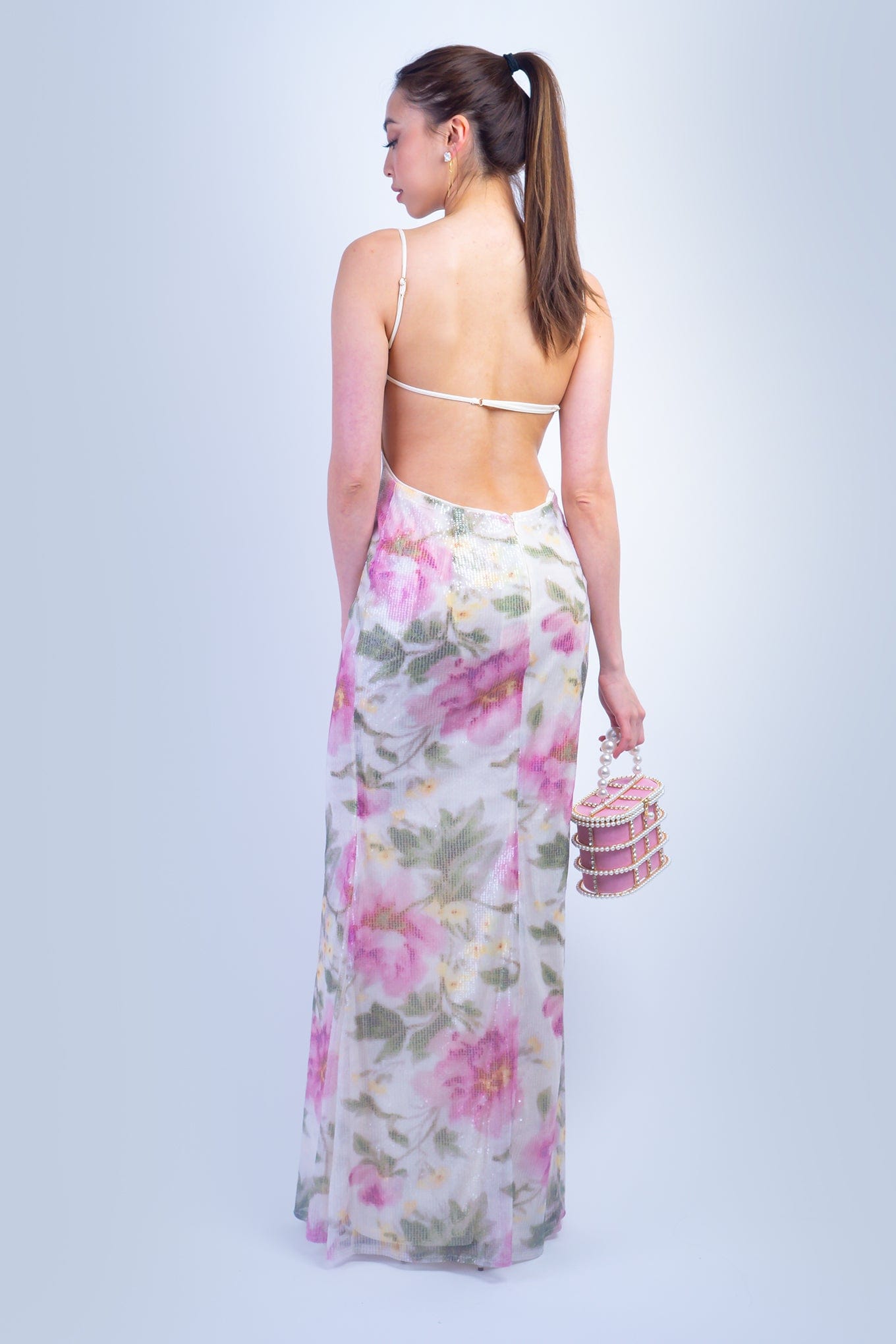 DCD GOWNS Pink Green Floral Sequin V Neck Gown