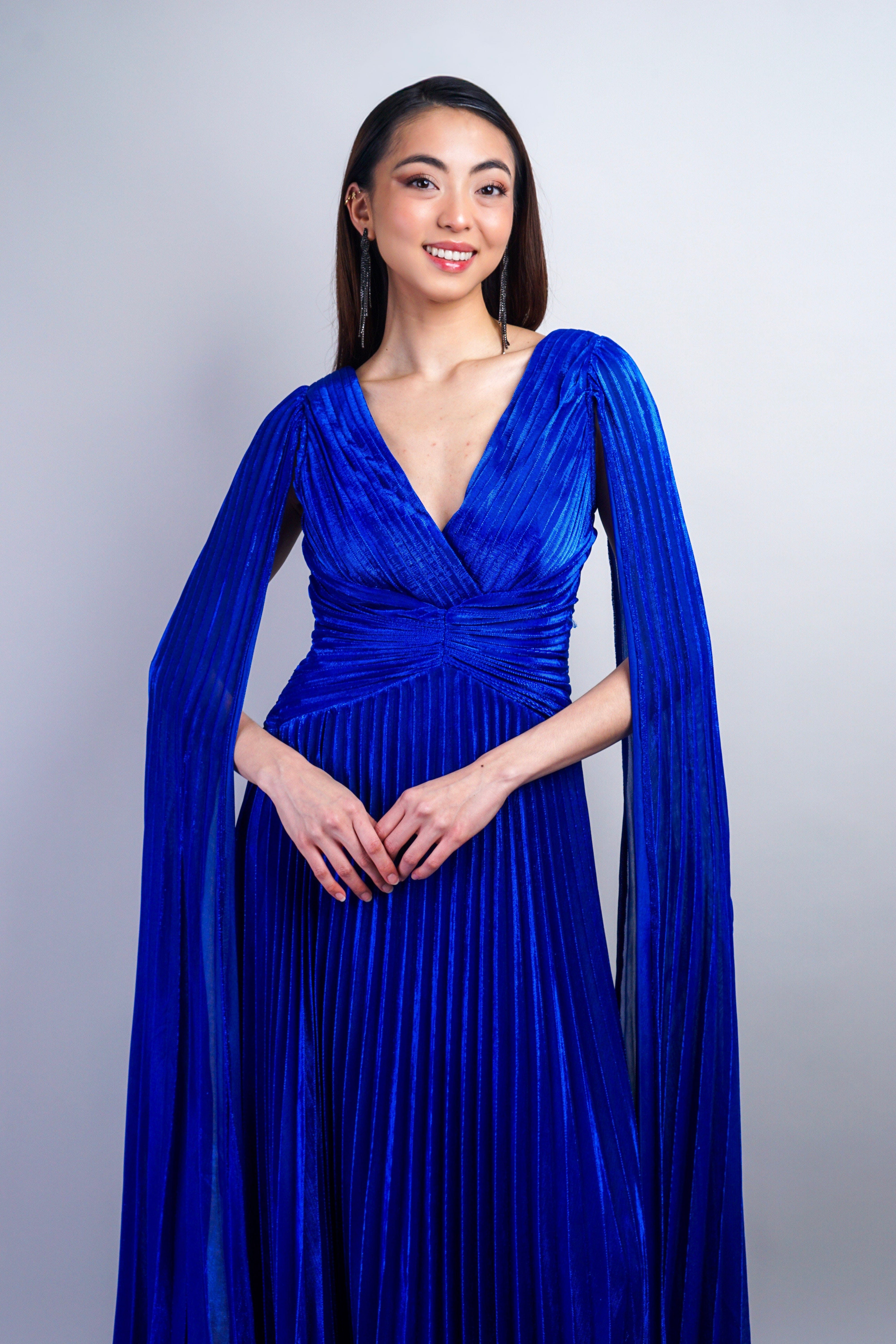 Private Label GOWNS Royal Blue V-Neck Cape Sleeves Pleated Gown