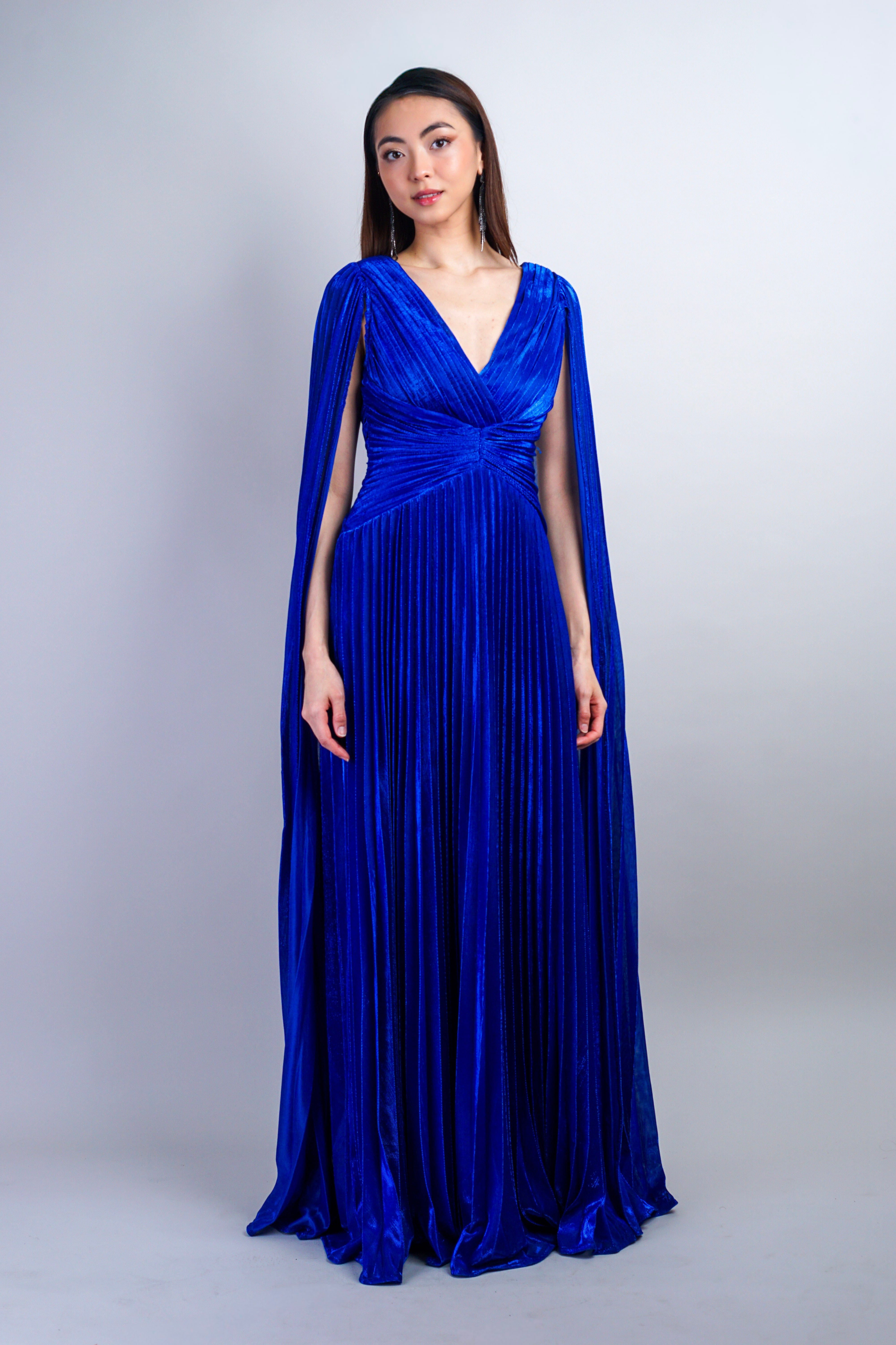 Private Label GOWNS Royal Blue V-Neck Cape Sleeves Pleated Gown