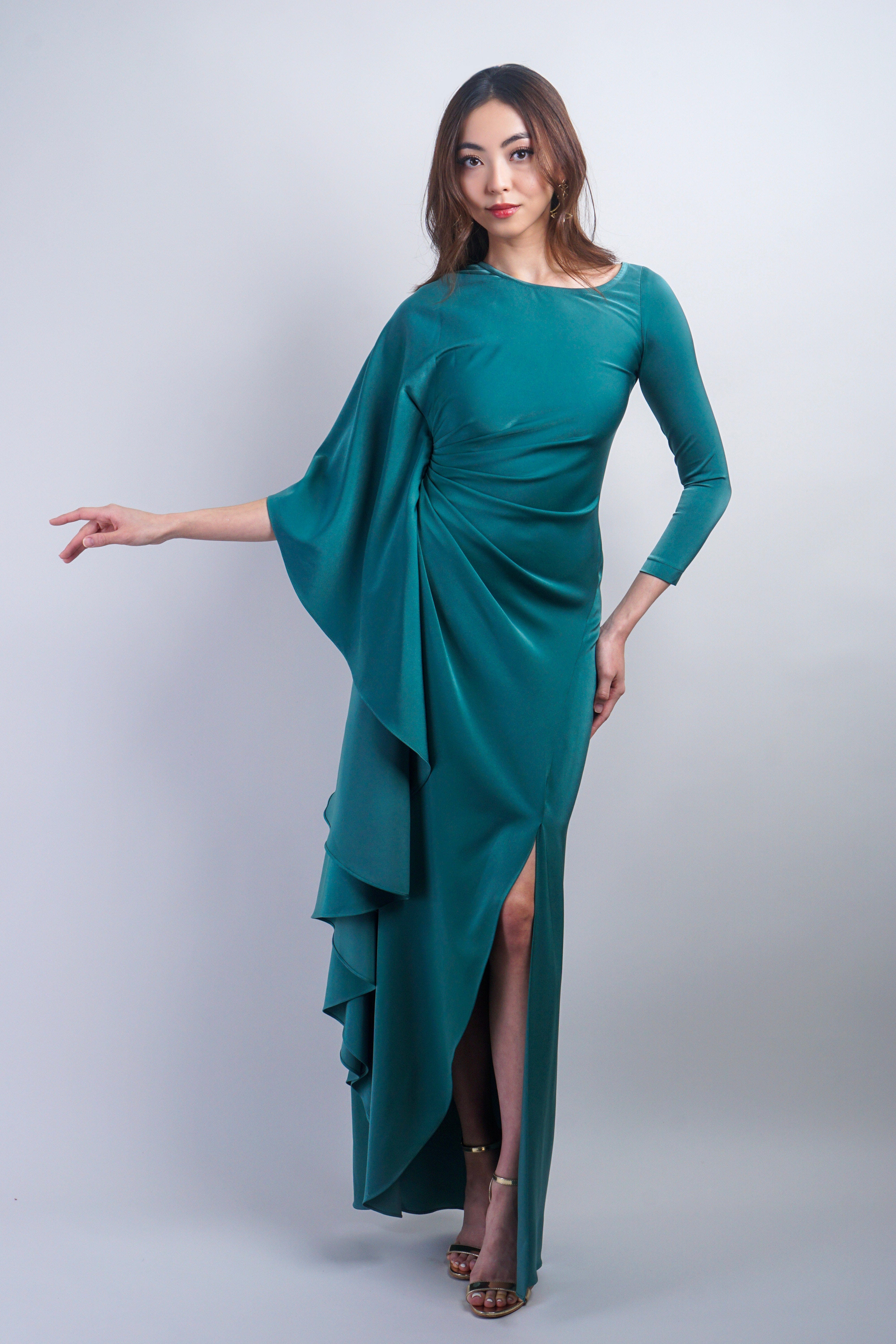 Chloe Dao GOWNS Sage Green Asymmetrical Pleated with Sleeves Gown