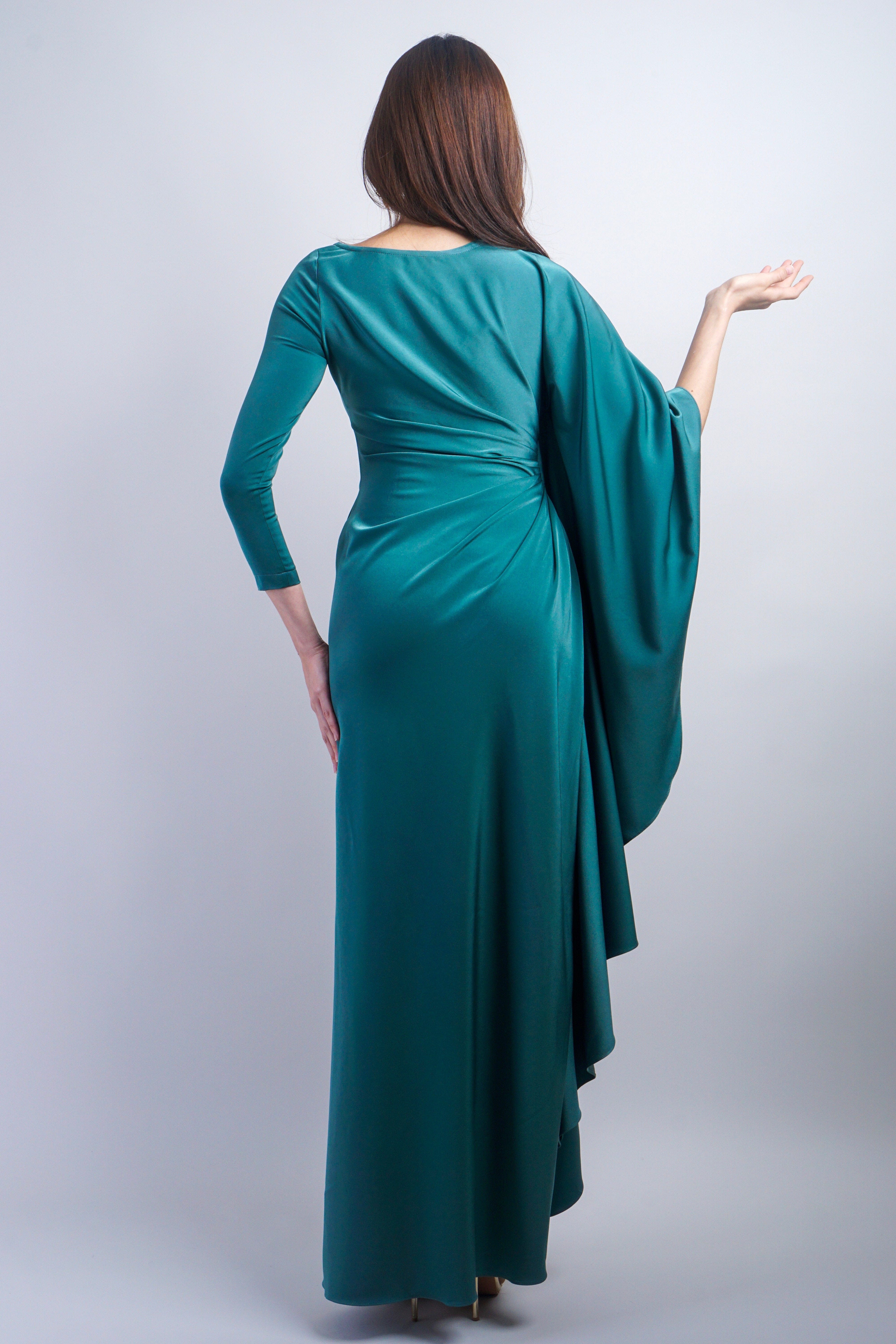 Chloe Dao GOWNS Sage Green Asymmetrical Pleated with Sleeves Gown