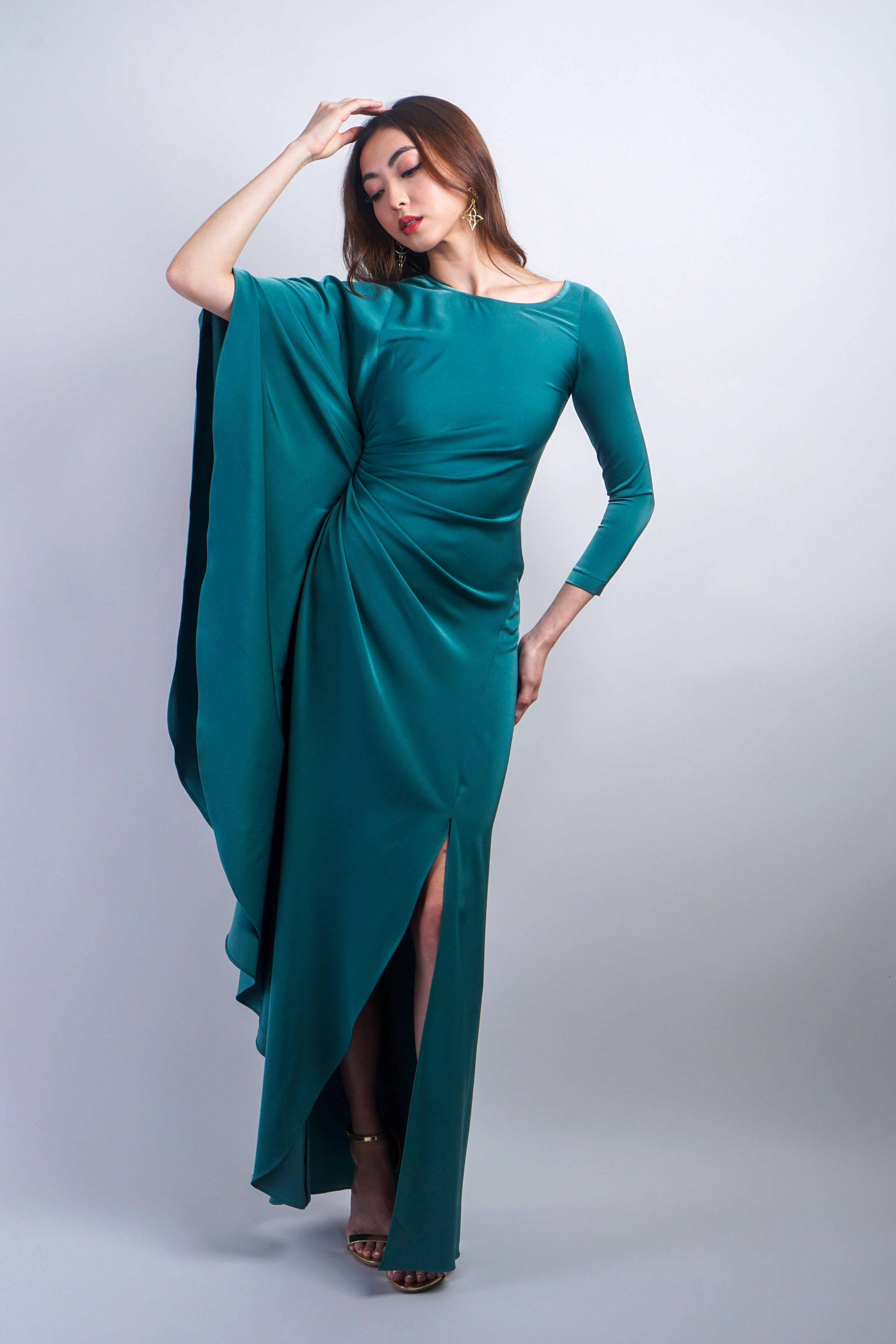 Chloe Dao GOWNS Sage Green Asymmetrical Pleated with Sleeves Gown