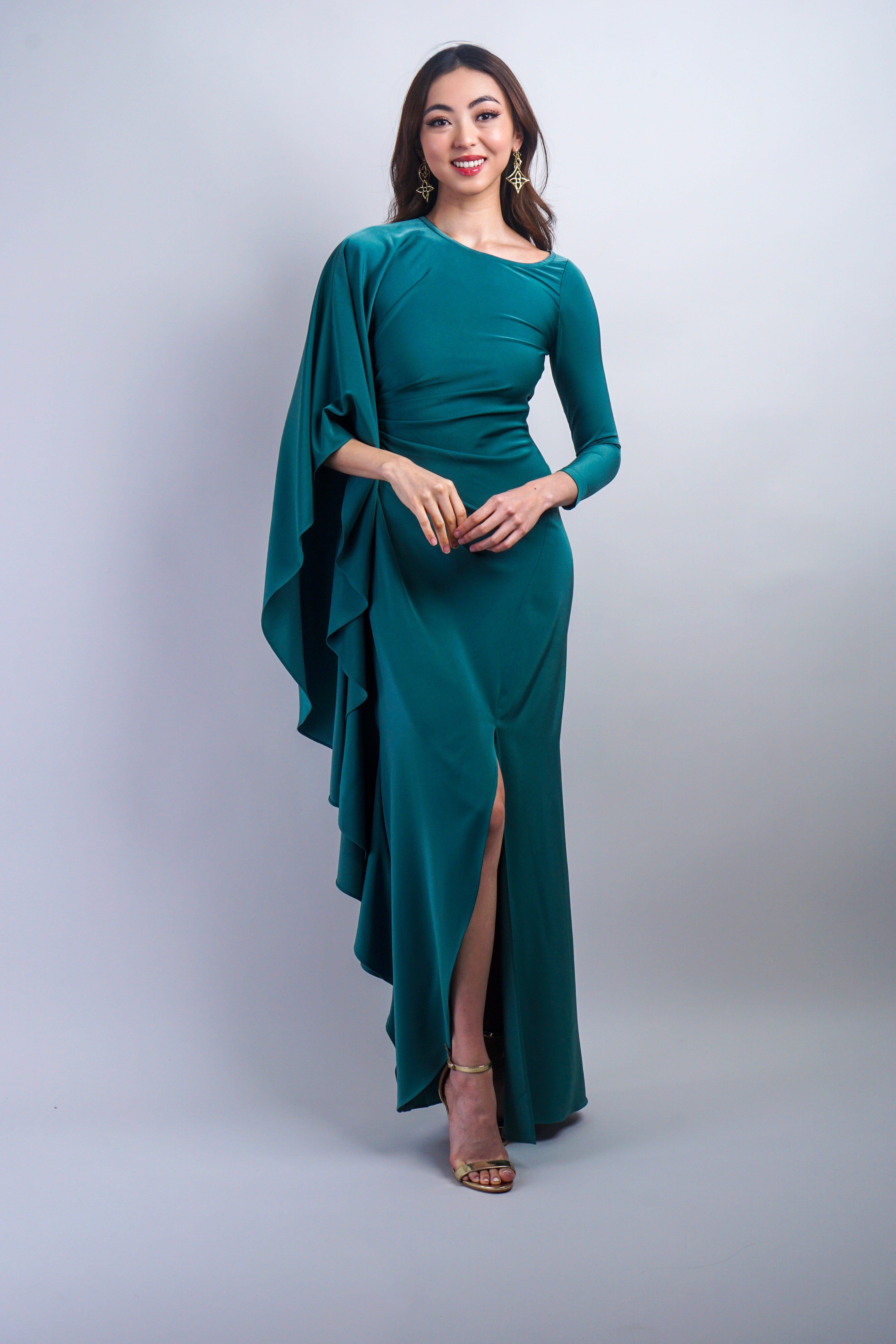 Chloe Dao GOWNS Sage Green Asymmetrical Pleated with Sleeves Gown