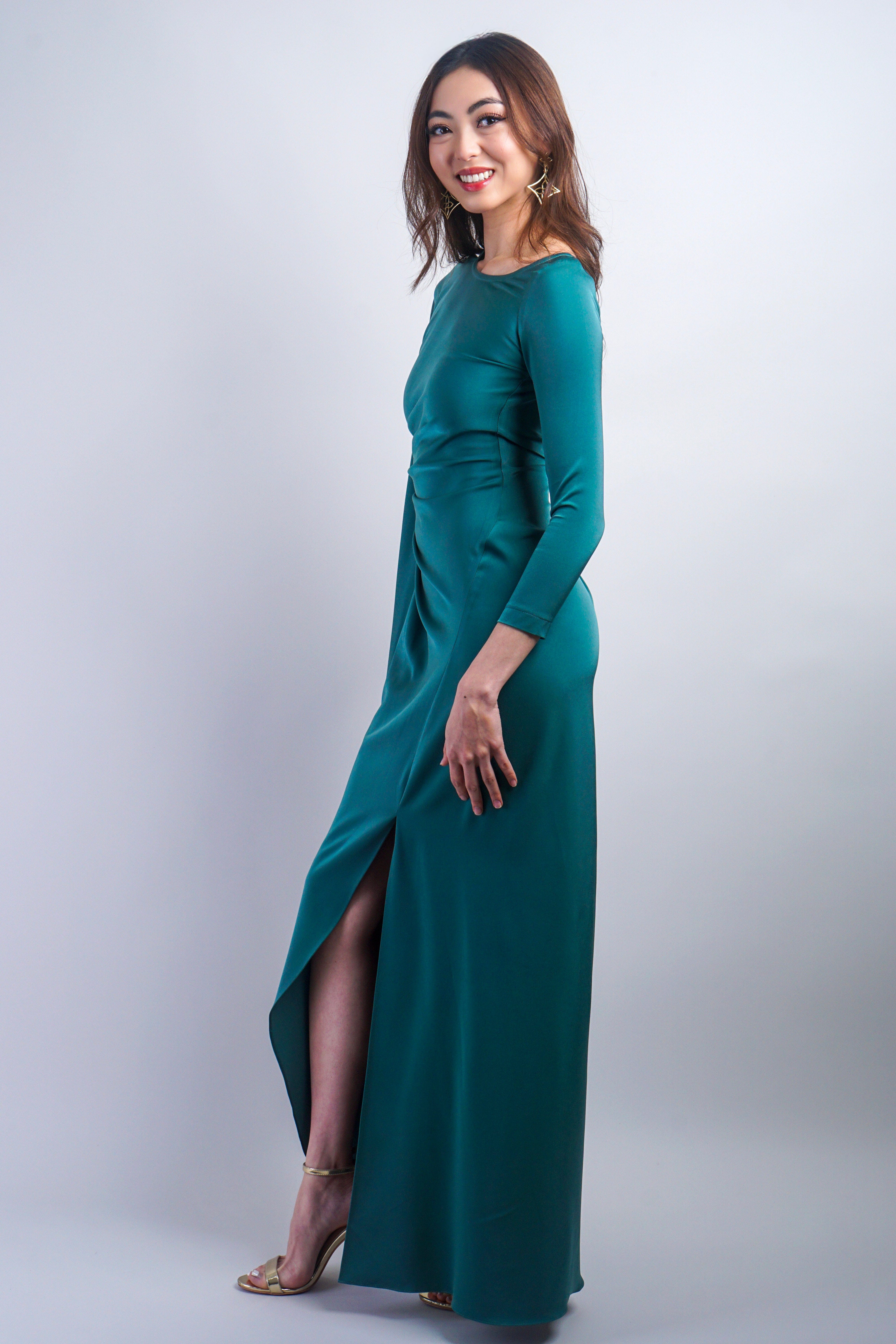 Chloe Dao GOWNS Sage Green Asymmetrical Pleated with Sleeves Gown