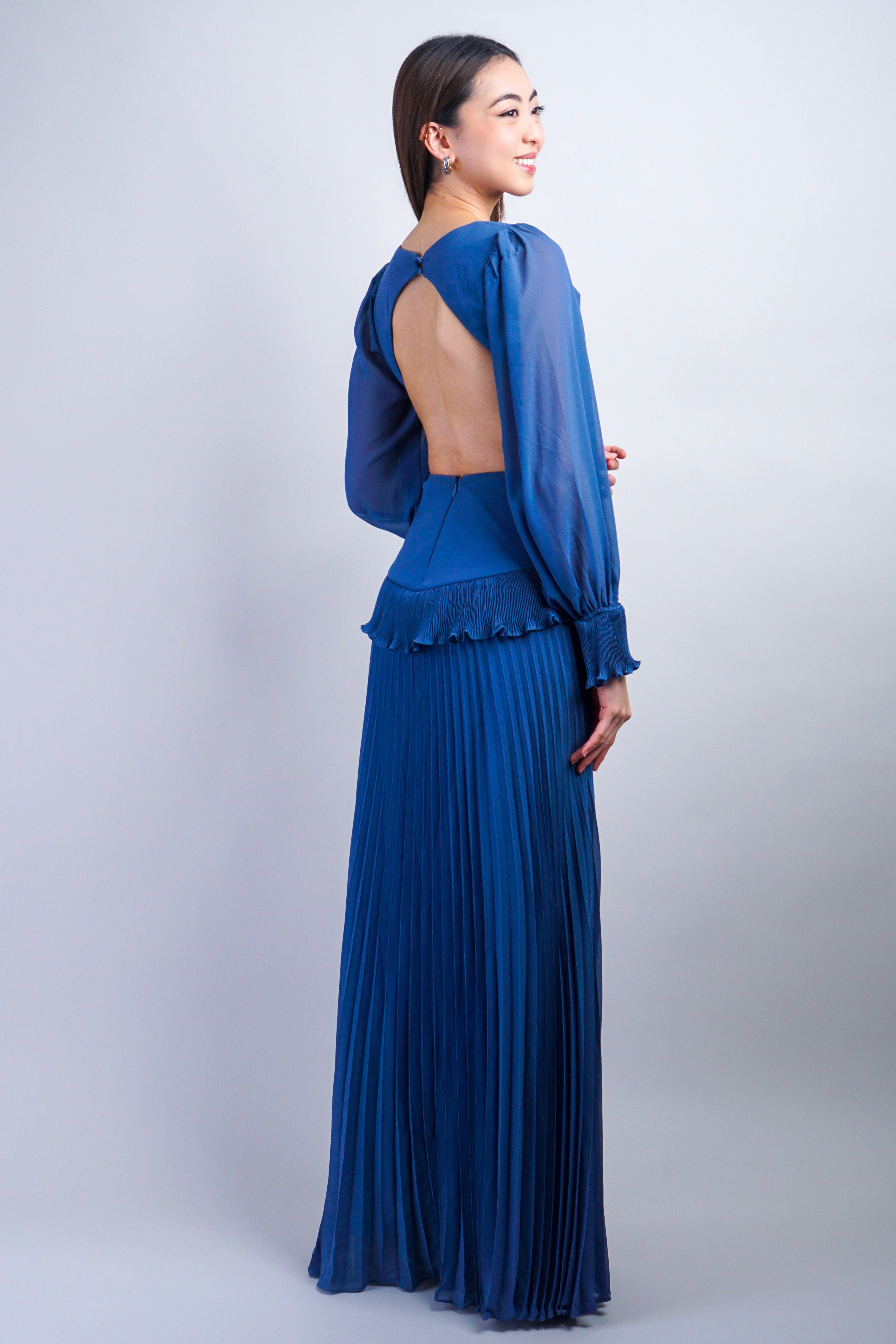 Private Label GOWNS Slate Blue Low V Pleated Gown