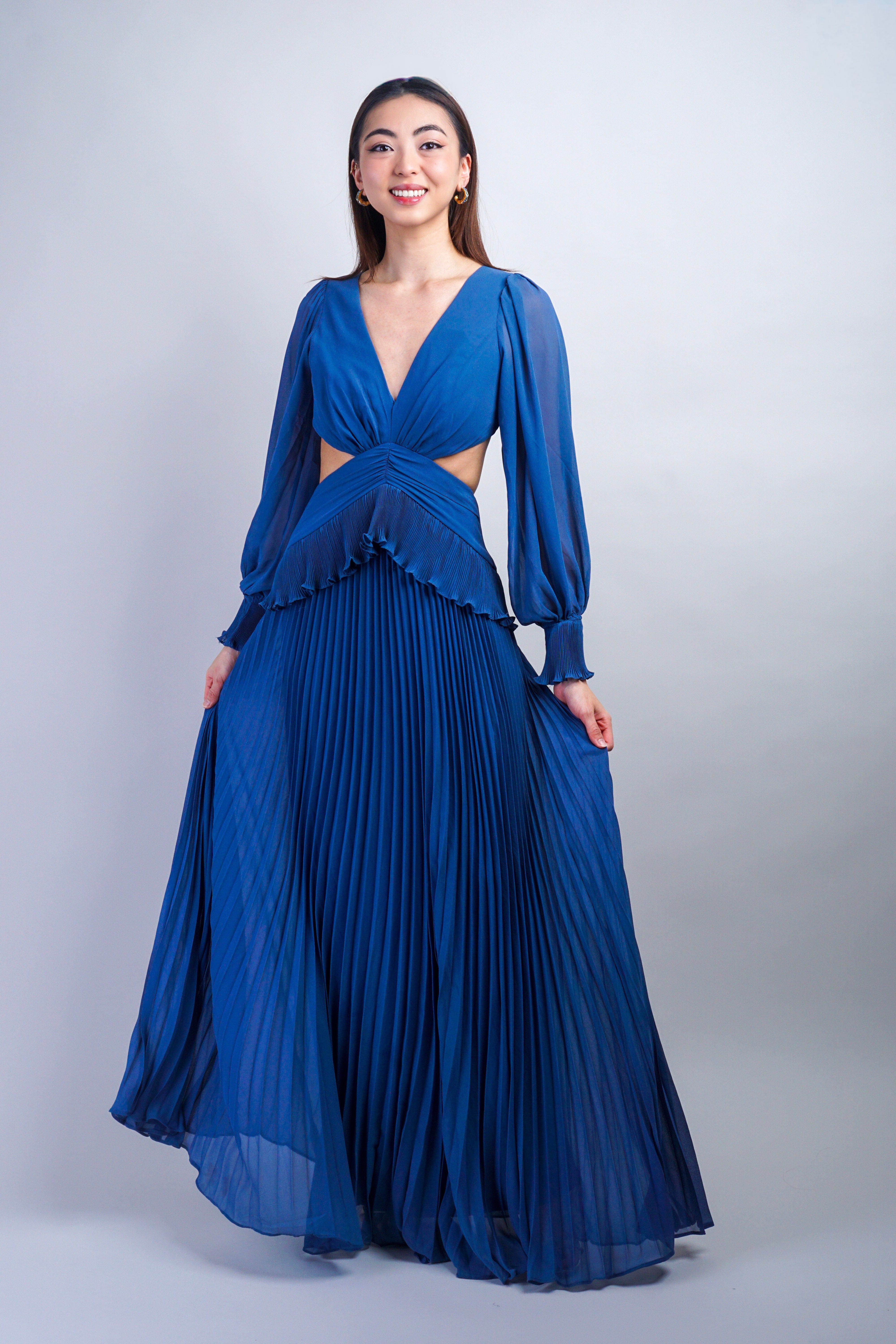 Private Label GOWNS Slate Blue Low V Pleated Gown