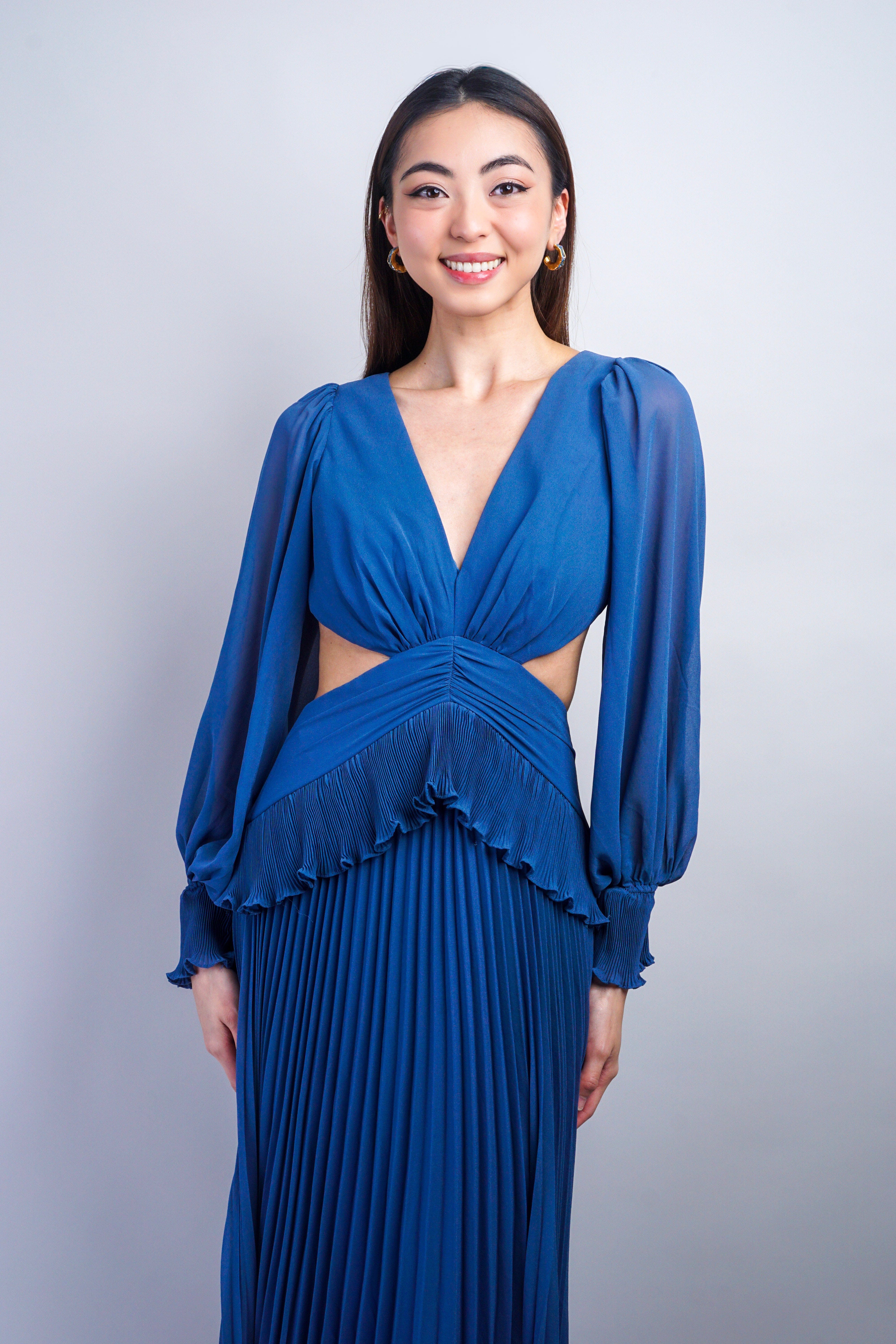 Private Label GOWNS Slate Blue Low V Pleated Gown