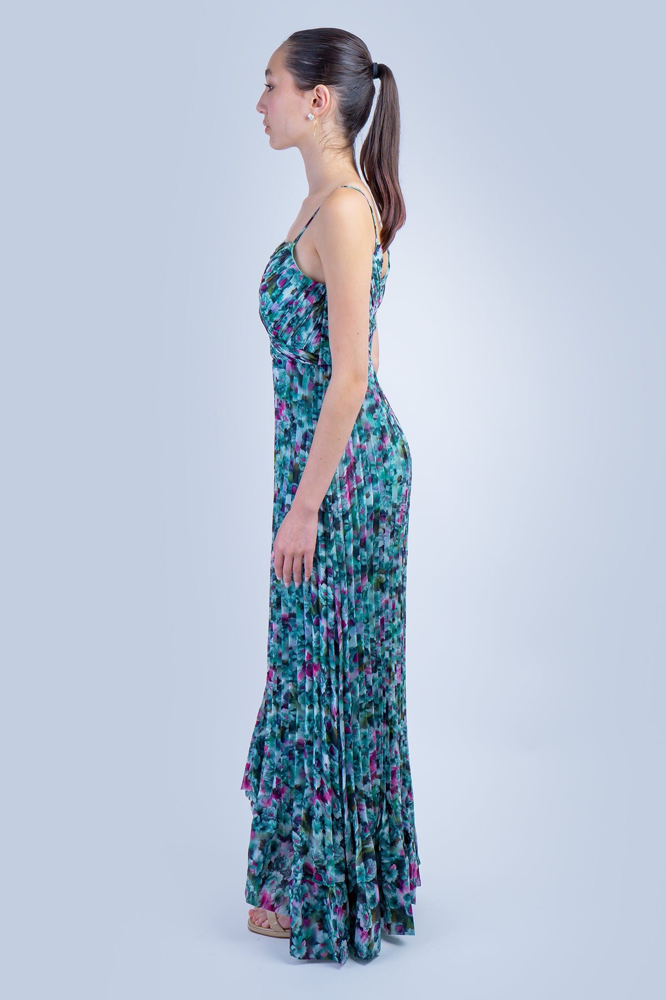 DCD GOWNS Teal Garden Pleated Strapless Gown
