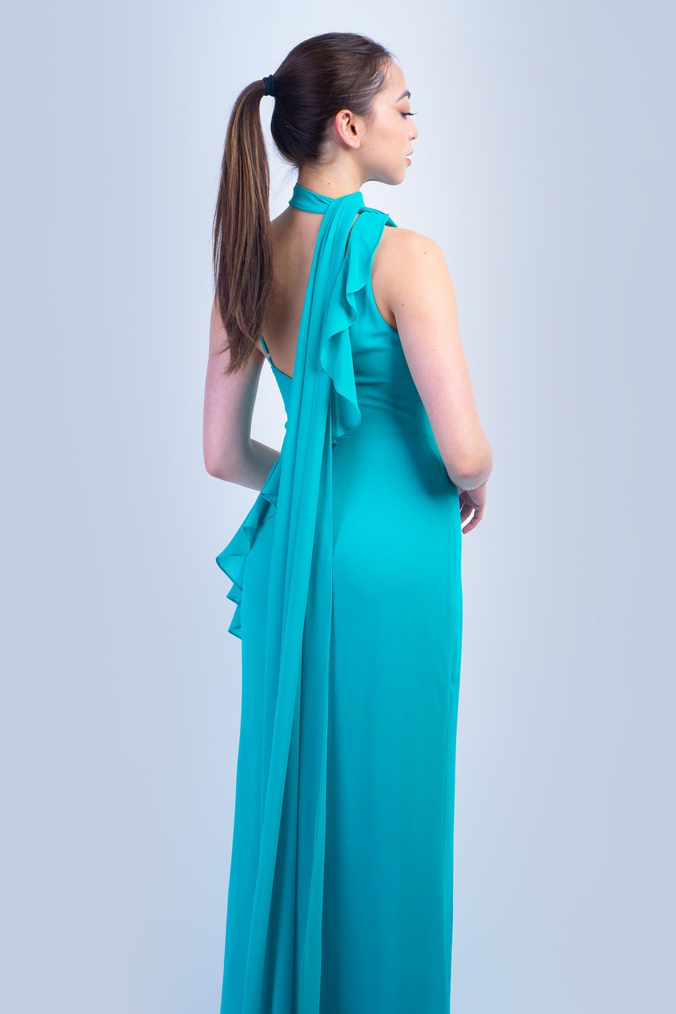 DCD GOWNS Turquoise Asymmetrical Shoulder Side Drape Gown
