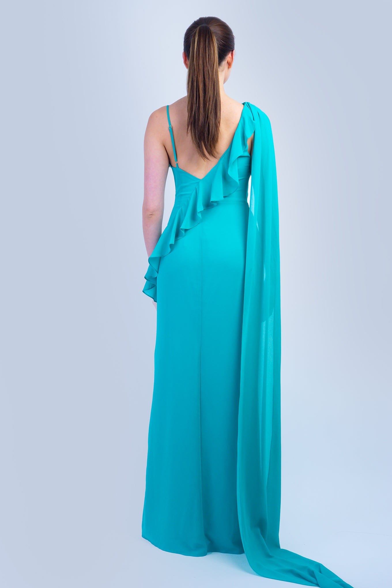 DCD GOWNS Turquoise Asymmetrical Shoulder Side Drape Gown