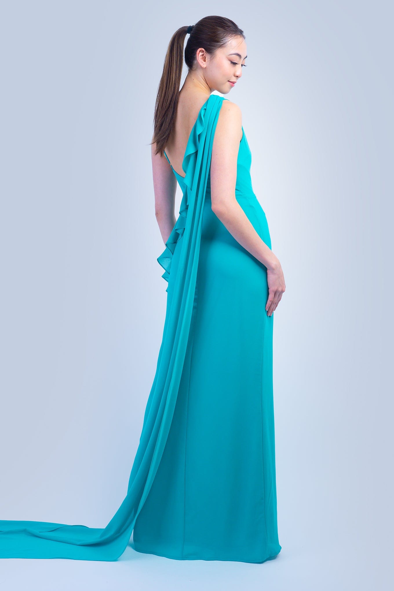 DCD GOWNS Turquoise Asymmetrical Shoulder Side Drape Gown