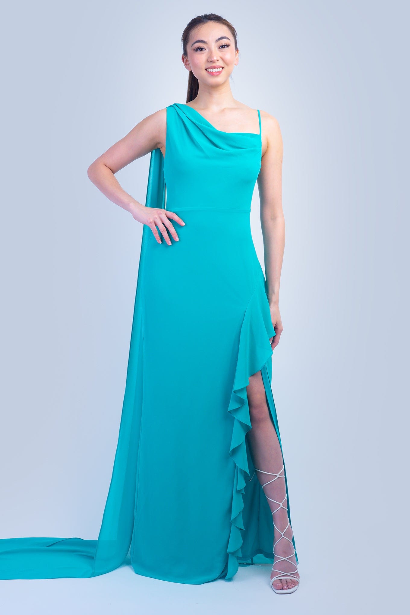DCD GOWNS Turquoise Asymmetrical Shoulder Side Drape Gown