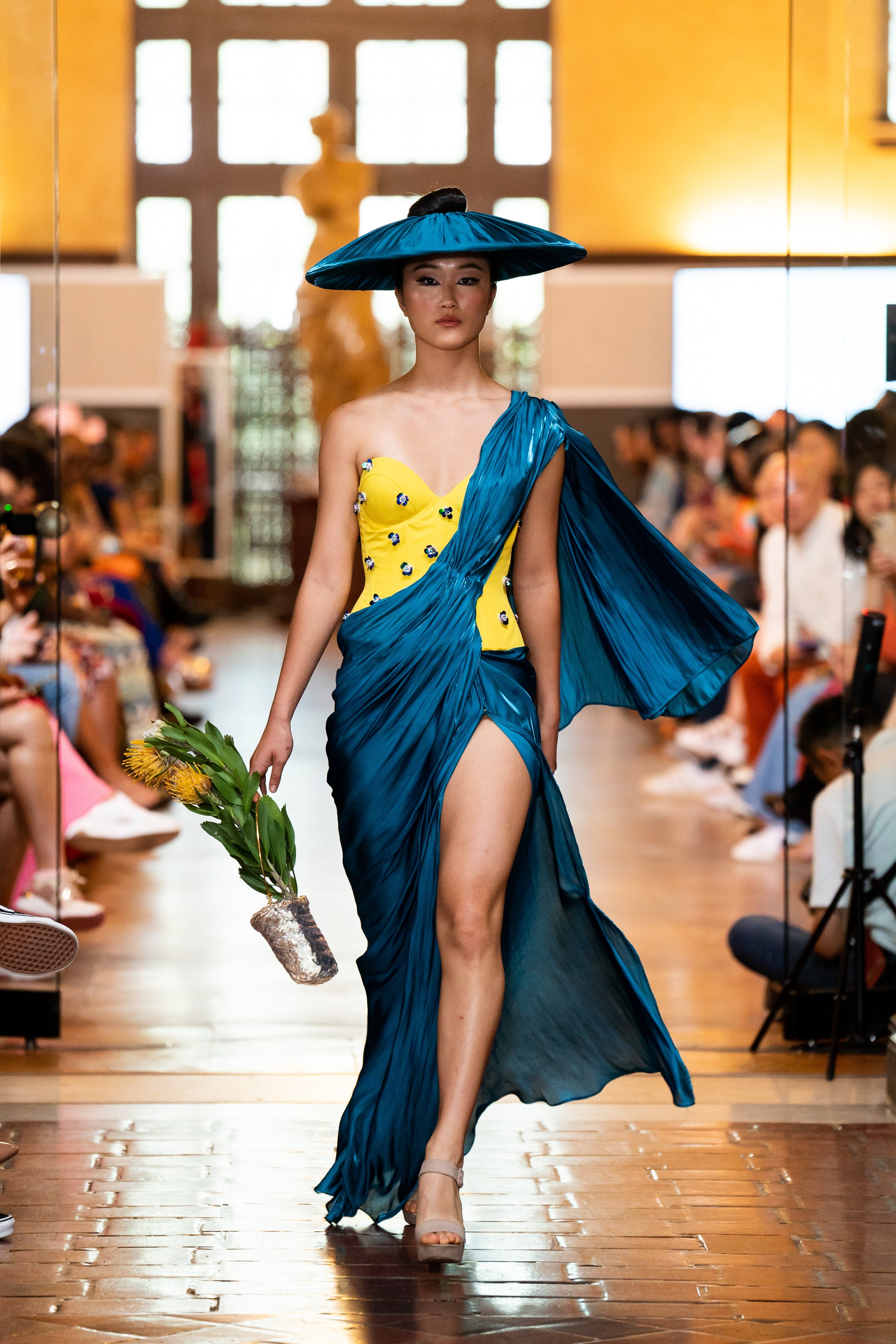 CD-Archive GOWNS Yellow Flower Corset with Teal Drape Dress