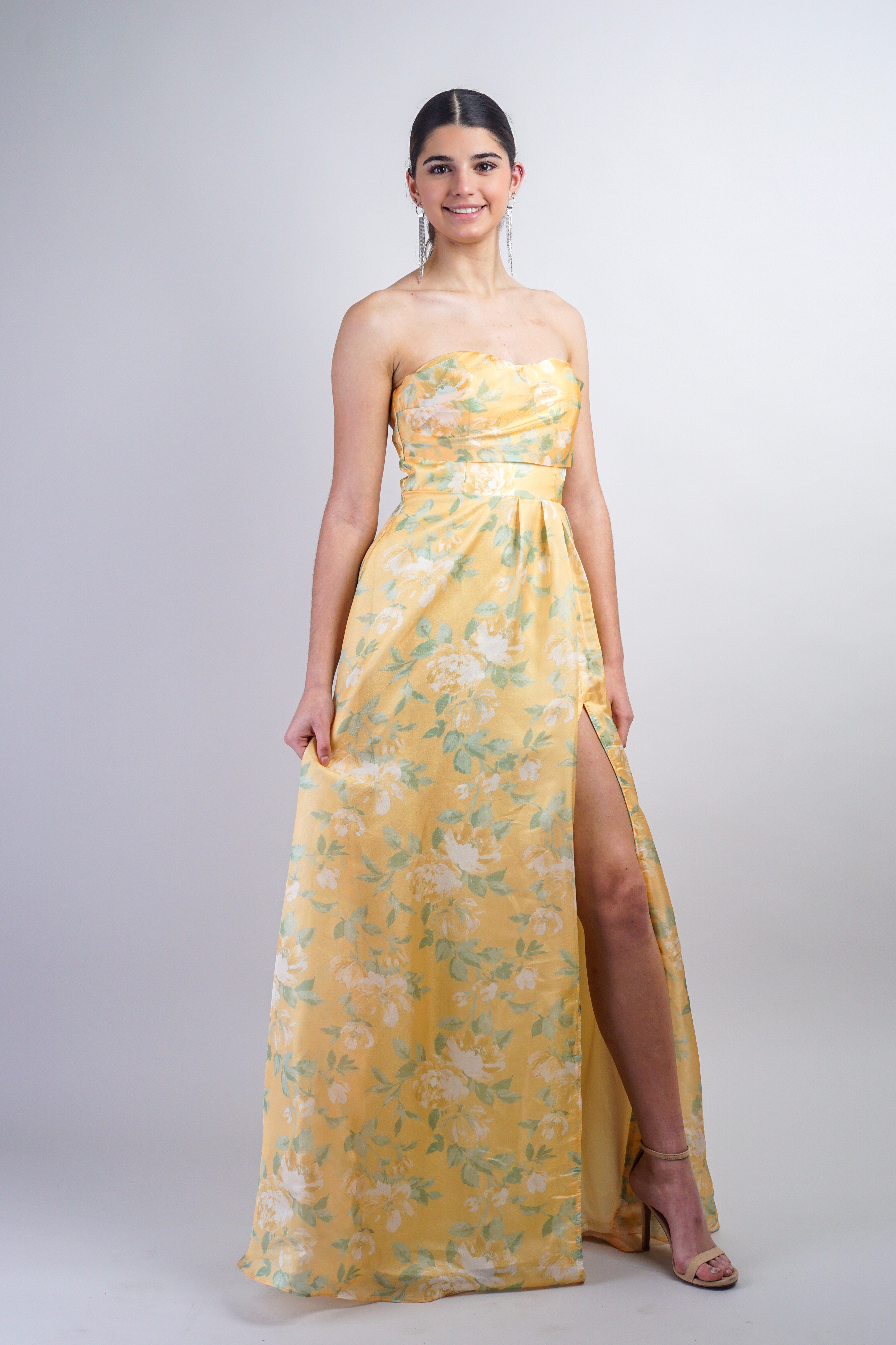 Private Label GOWNS Yellow Strapless Floral Organza Maxi Gown With Slit
