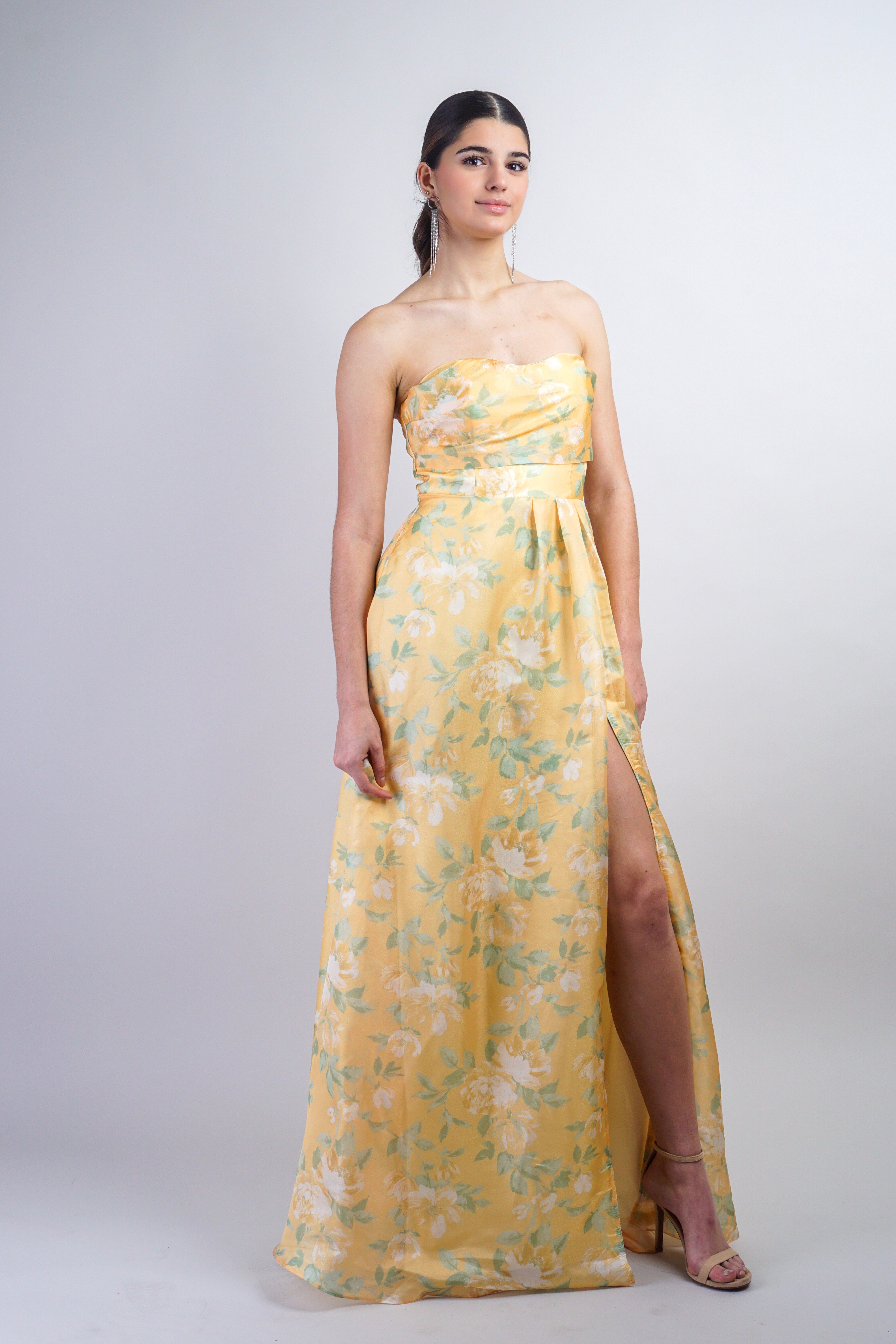 Private Label GOWNS Yellow Strapless Floral Organza Maxi Gown With Slit