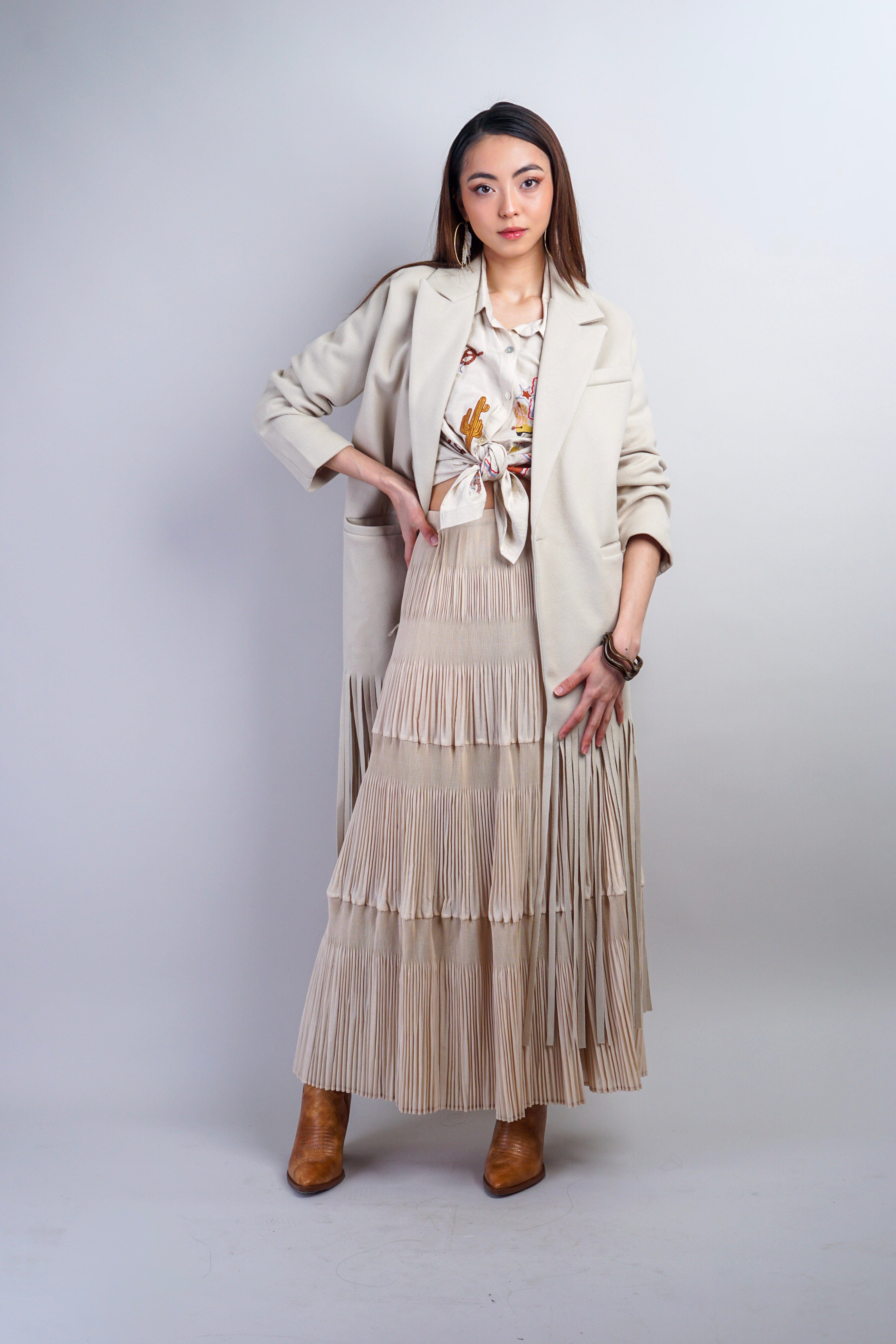Private Label JACKETS Beige Fringe Coat Jacket