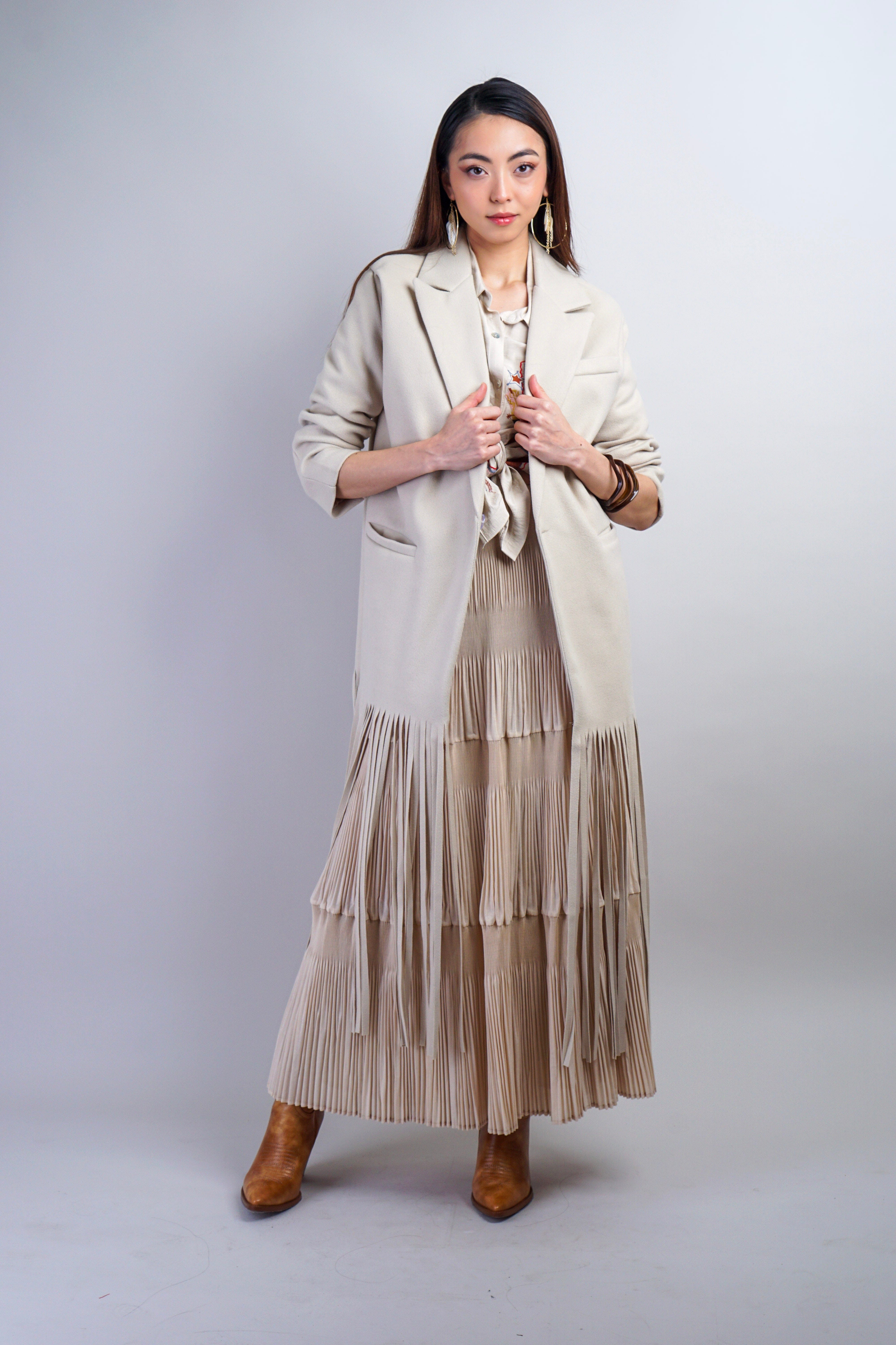Private Label JACKETS Beige Fringe Coat Jacket