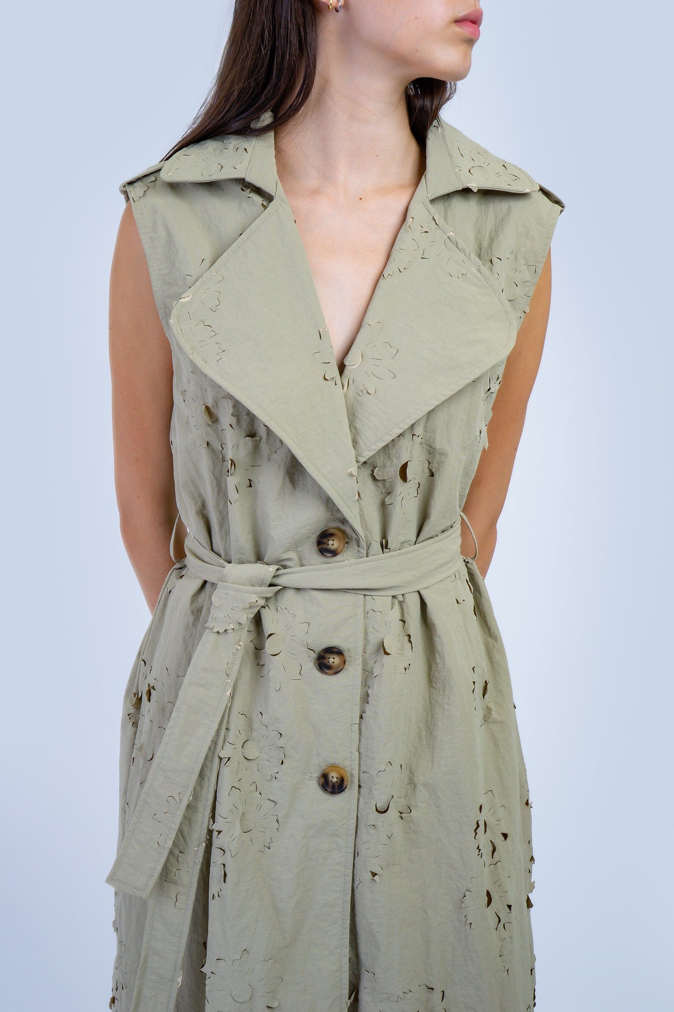 DCD JACKETS Khaki Laser Cut Trench Coat Dress