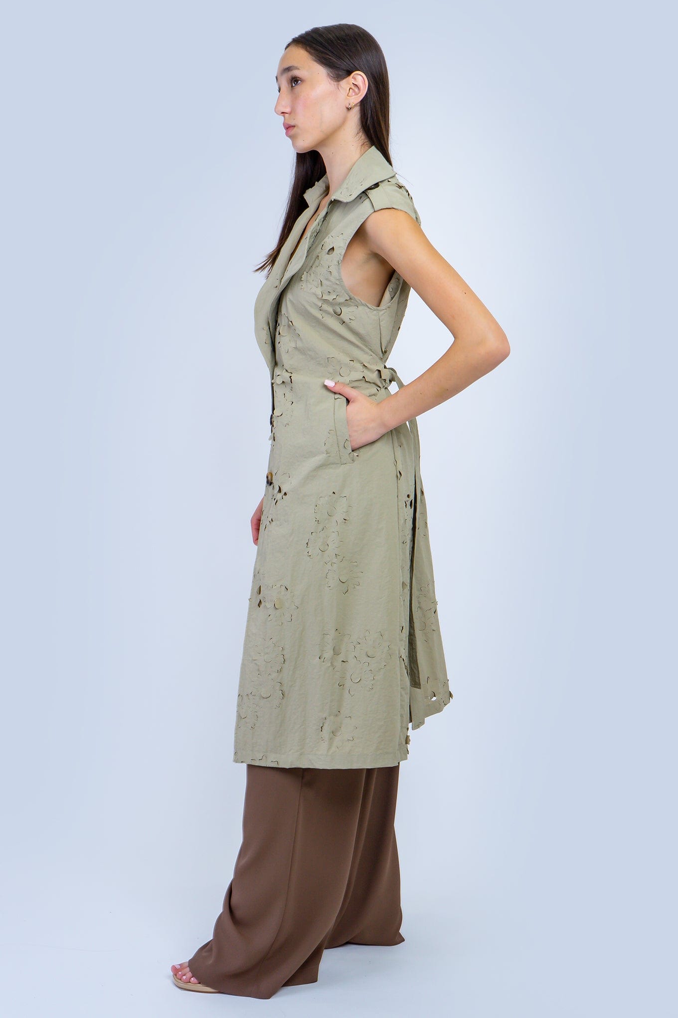 DCD JACKETS Khaki Laser Cut Trench Coat Dress