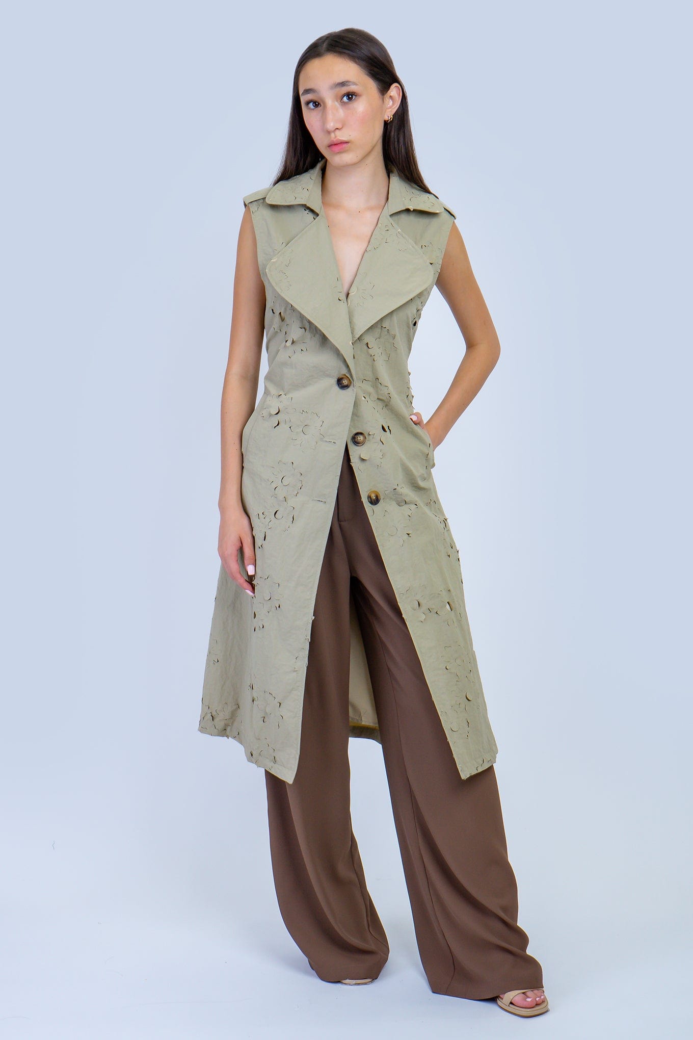 DCD JACKETS Khaki Laser Cut Trench Coat Dress
