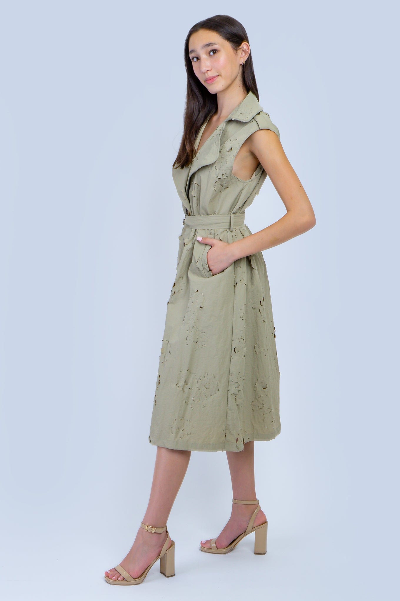 DCD JACKETS Khaki Laser Cut Trench Coat Dress
