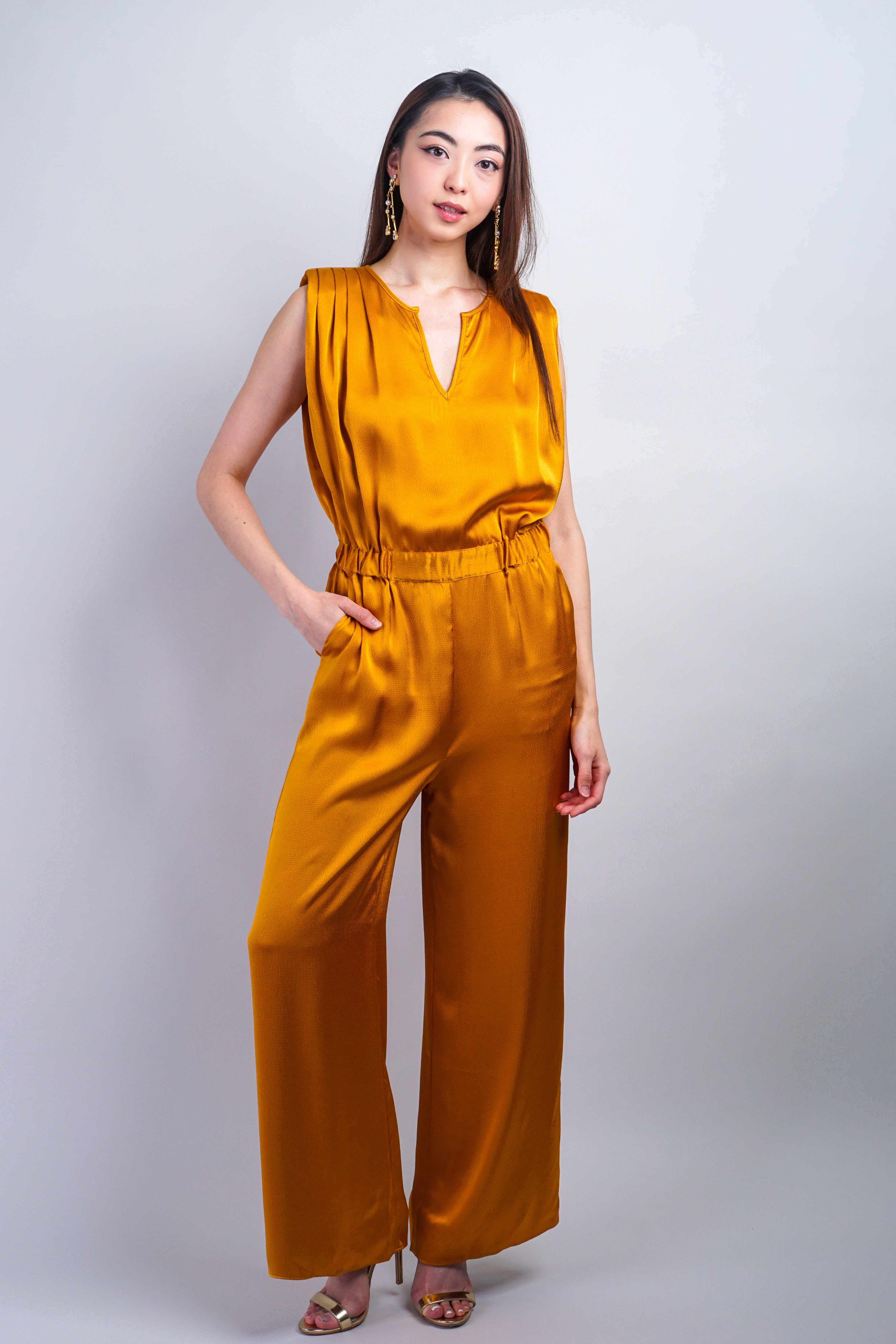 Private Label JUMPSUITS Curry V-Neck Satin Elastic Jumpsuit