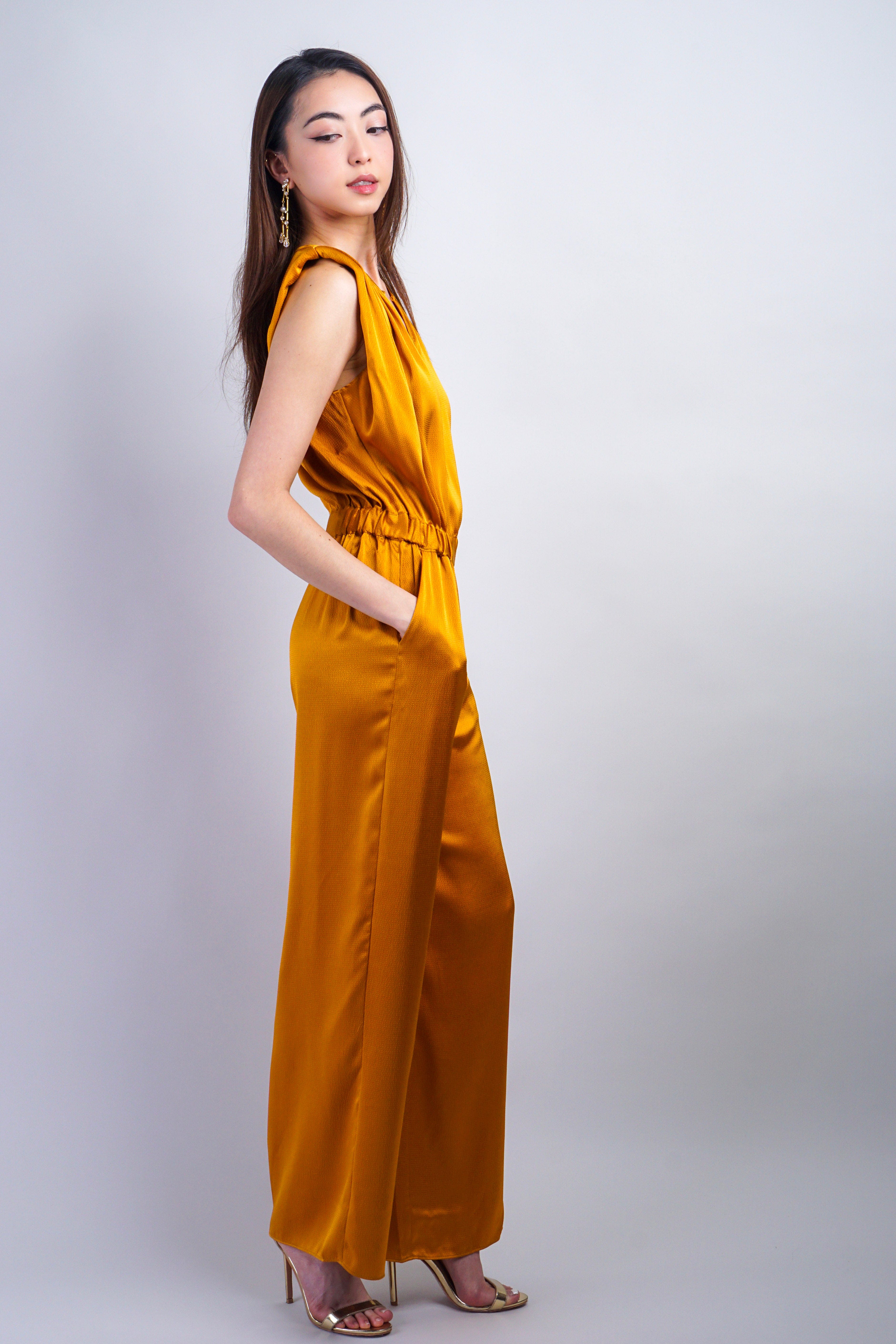 Private Label JUMPSUITS Curry V-Neck Satin Elastic Jumpsuit