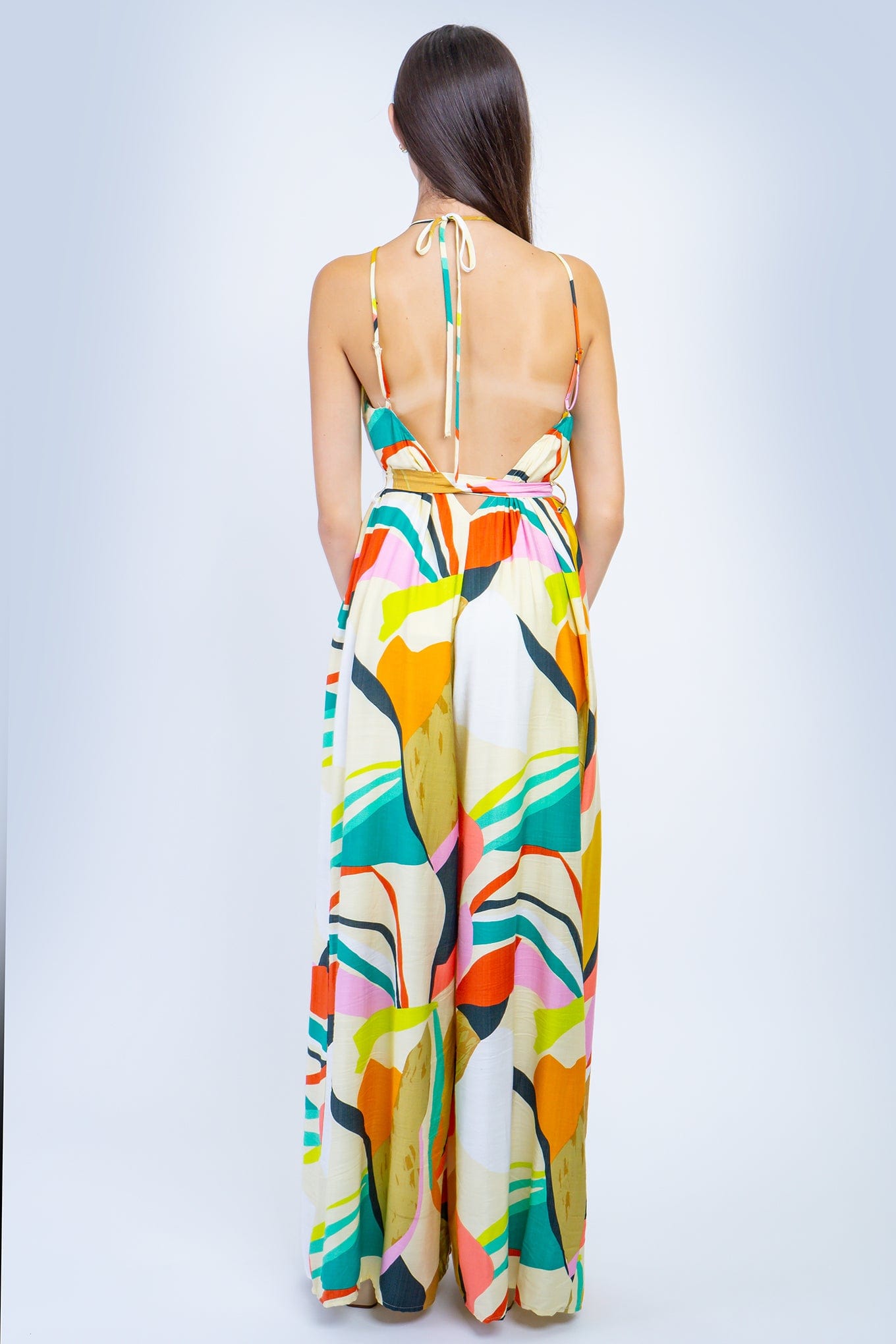 DCD JUMPSUITS Ivory and Teal Abstract Print Halter Linen Jumpsuit