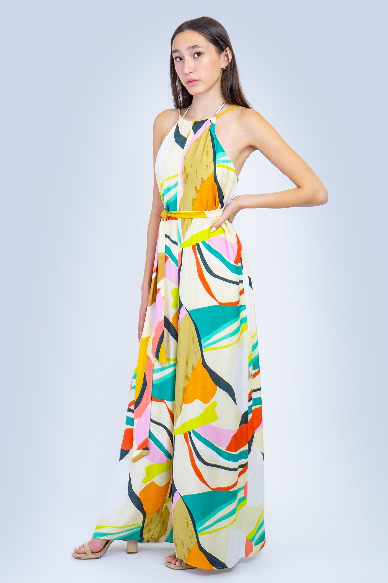 DCD JUMPSUITS Ivory and Teal Abstract Print Halter Linen Jumpsuit