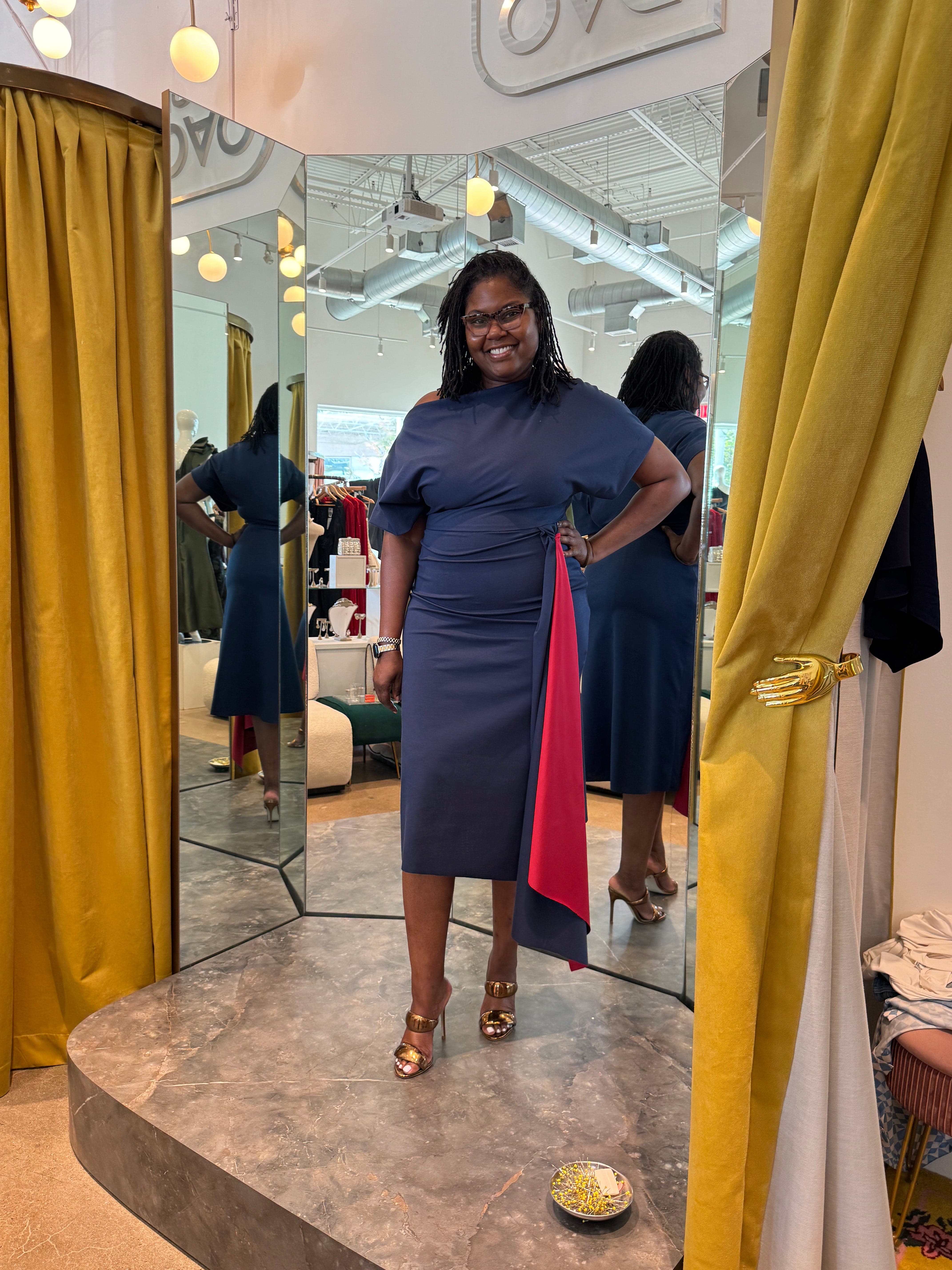 Chloe Dao Navy Red Off Shoulder Drape Dress